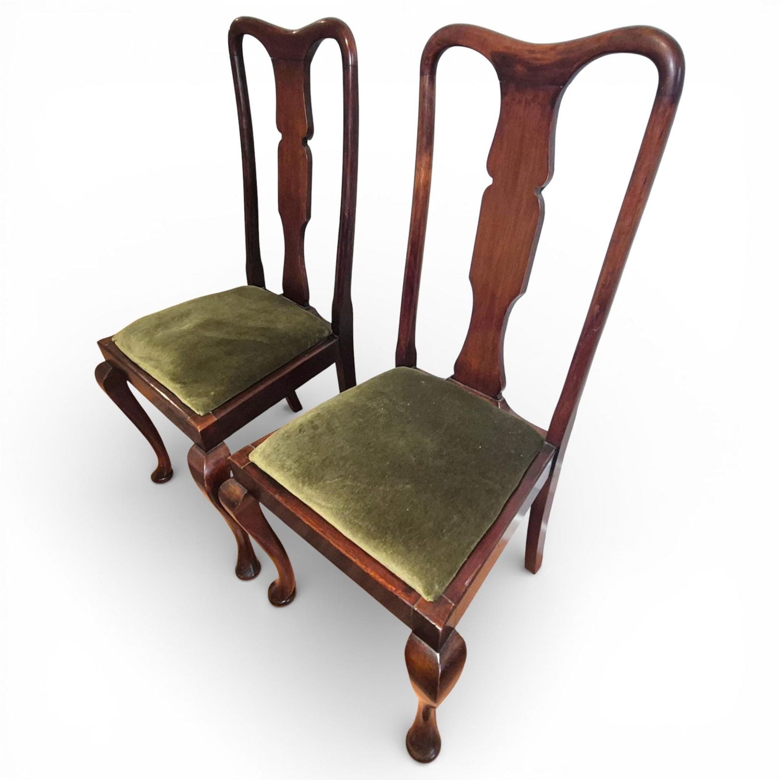 Pair Of Queen Anne Style Mahogany High Back Dining Chairs | Upholstered Seats photo furniture