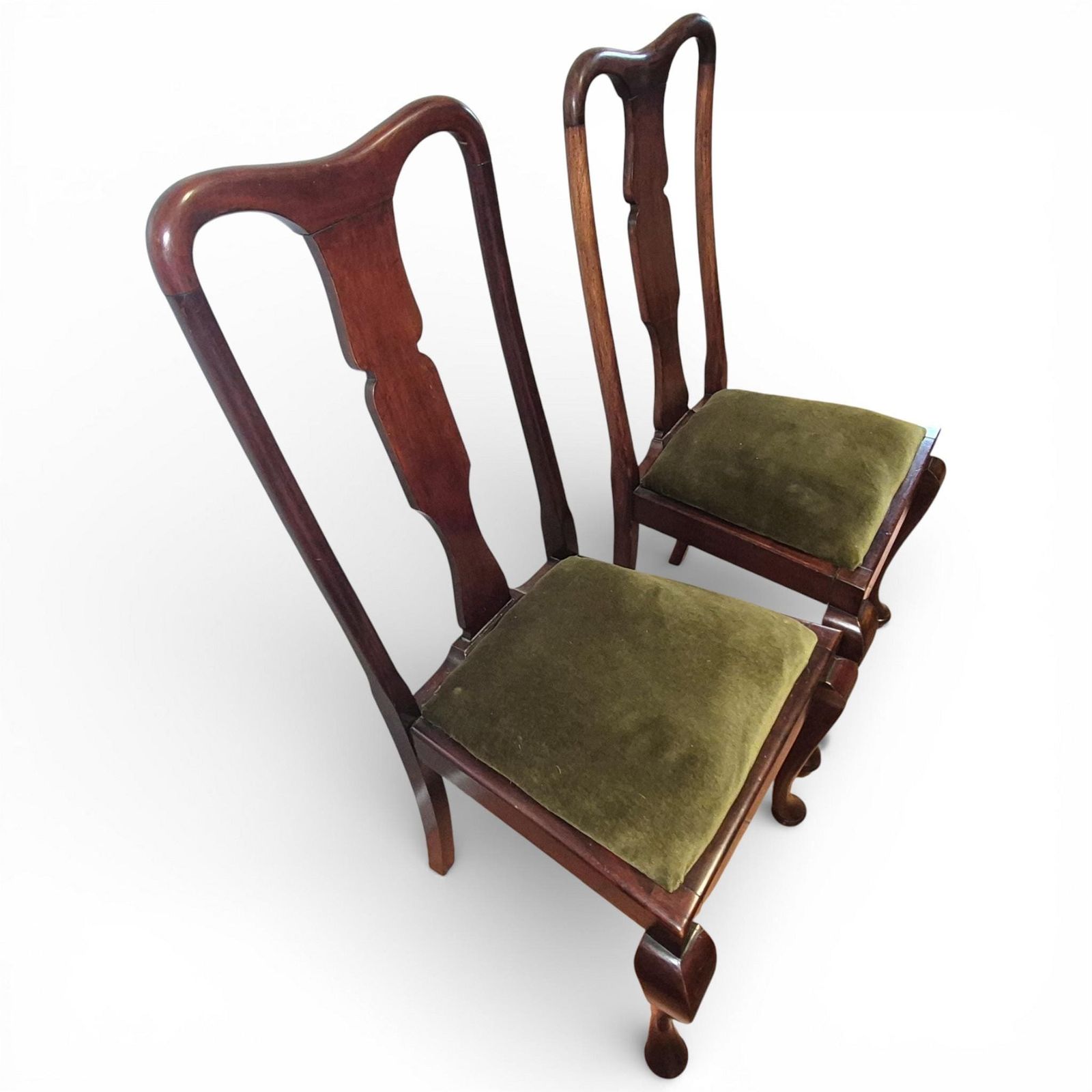Pair Of Queen Anne Style Mahogany High Back Dining Chairs | Upholstered Seats photo for sale