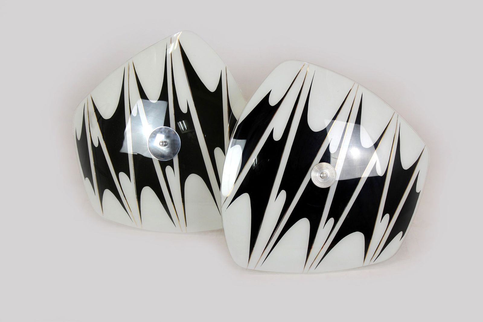 Large Vintage Czechoslovakian Opaline Glass Pendant Lights, Black Geometric Pattern, 1960s, Set Of 2 photo furniture