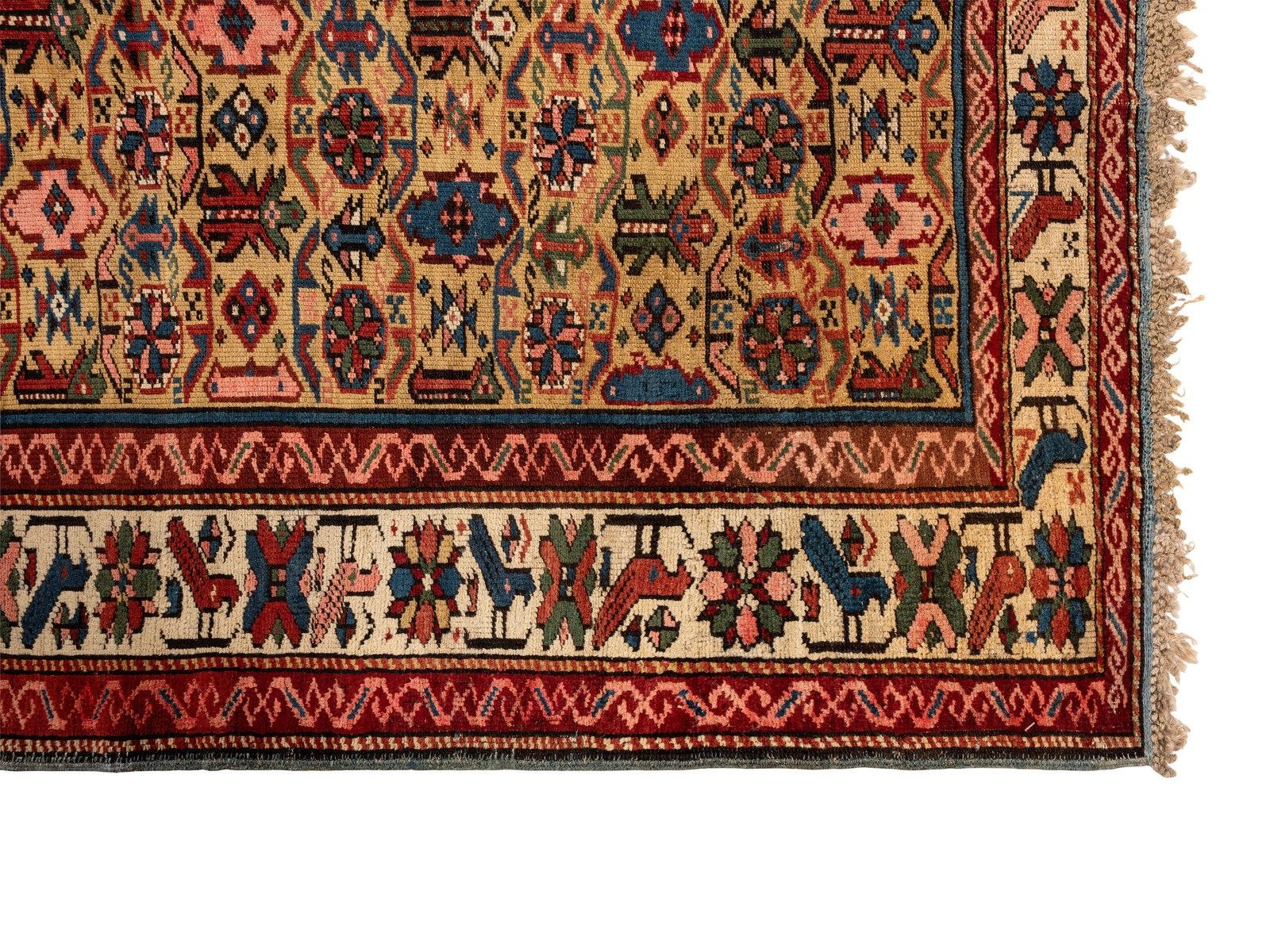 3.7x5.2 Ft Antique Yellow Ground Kuba (Quba) Rug With Birds, North East Caucasus photo for sale