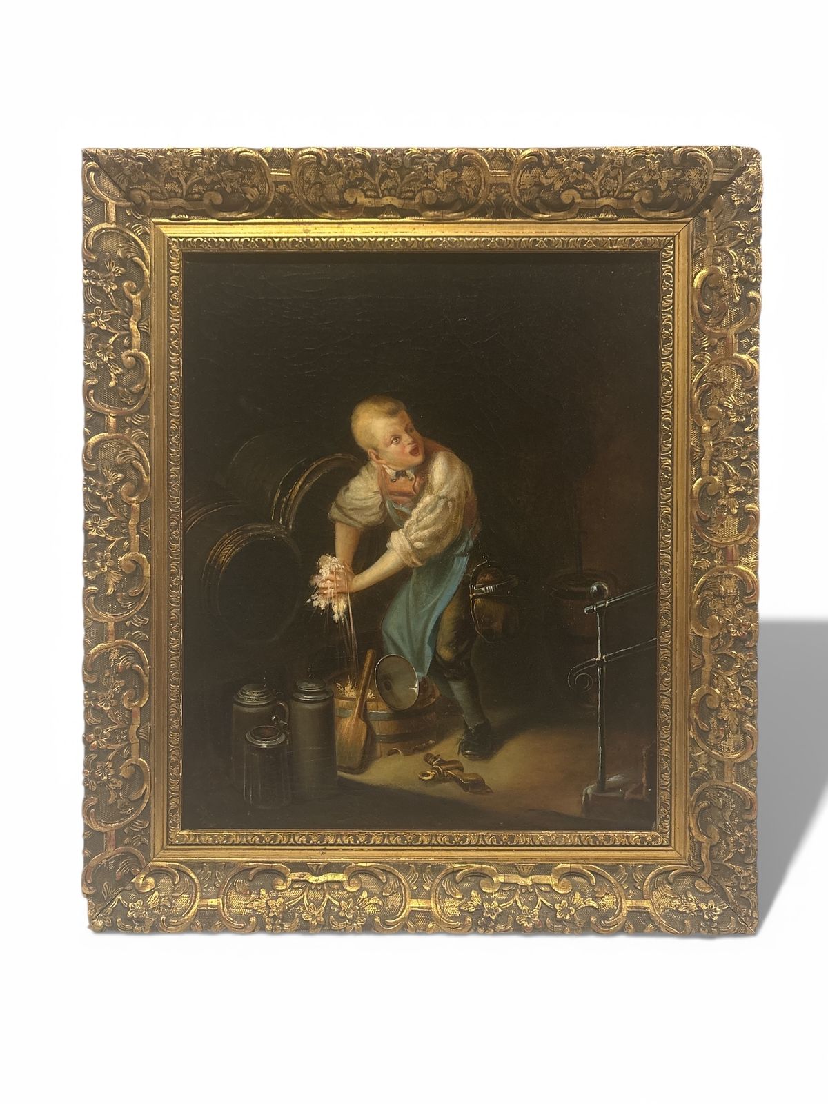 Finely Painted Oil On Canvas Of Startled Boy Tapping A Barrel 19th Century