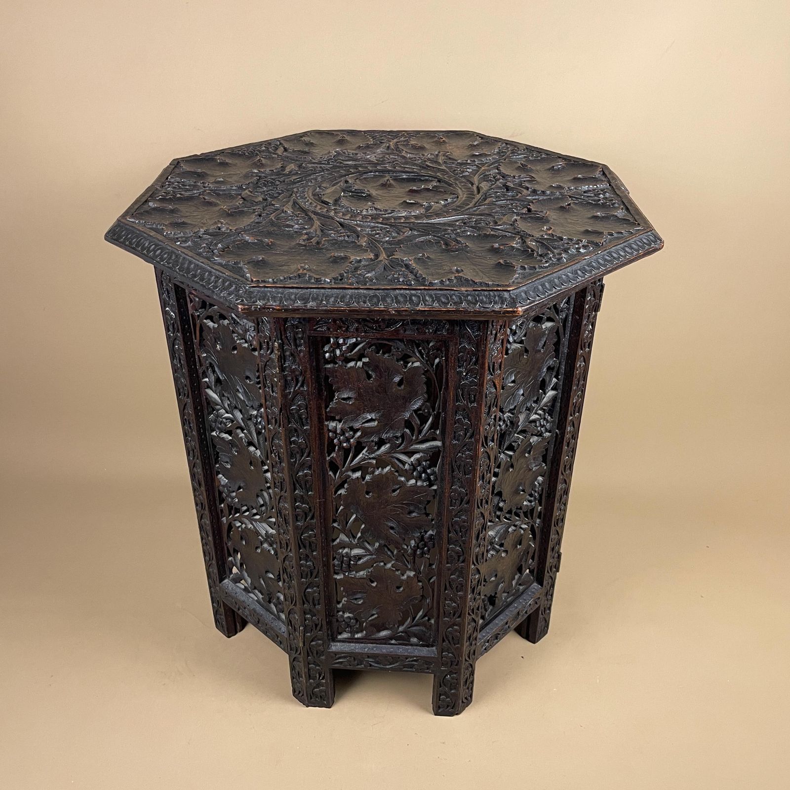 Anglo Indian Wooden Table Fold Down Campaign Decorative Intricate Patterned Hand Crafted Octogan C.1900 Antique Plant Stand Carved Wood photo 695.0
