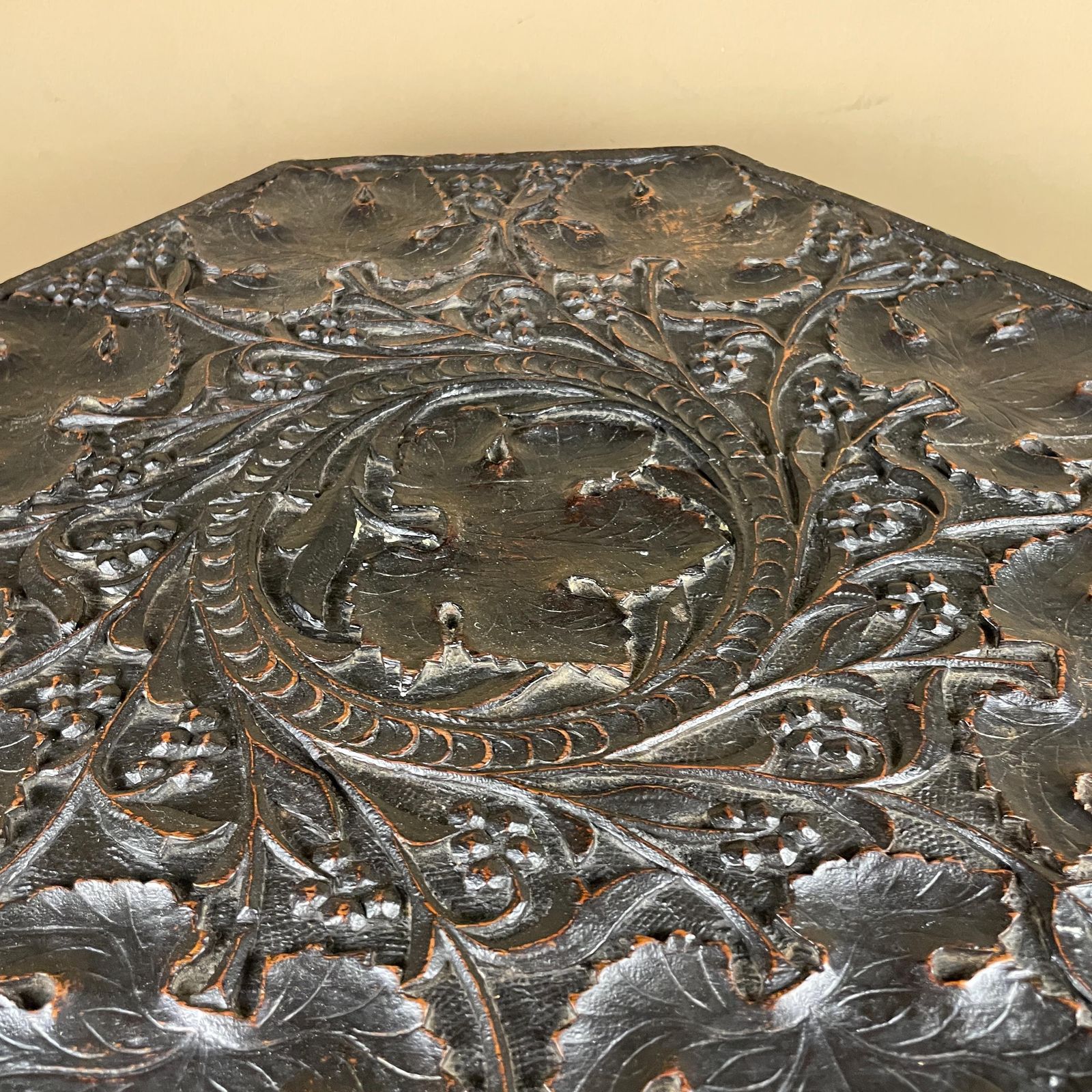 photo furniture Anglo Indian Wooden Table Fold Down Campaign Decorative Intricate Patterned Hand Crafted Octogan C.1900 Antique Plant Stand Carved Wood