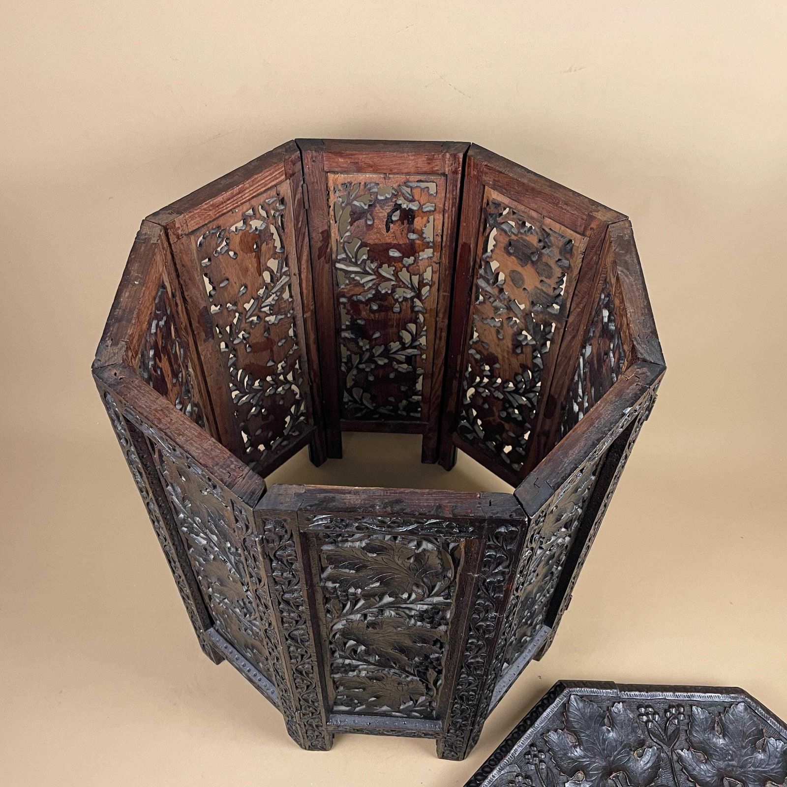 photo vintage Anglo Indian Wooden Table Fold Down Campaign Decorative Intricate Patterned Hand Crafted Octogan C.1900 Antique Plant Stand Carved Wood