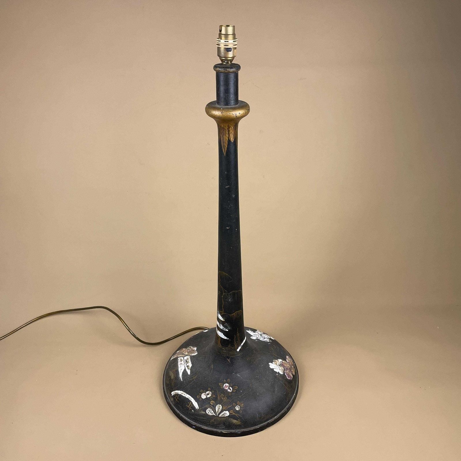 Antique Oriental Wooden Lamp Light Large Japanese Black Hand Painted Pattern Wood Freestanding Aged Unique Bedside Table 74cm Gold photo for sale
