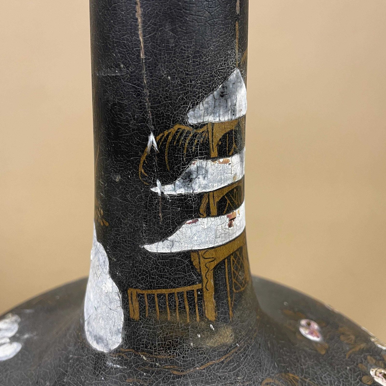 photo for sale Antique Oriental Wooden Lamp Light Large Japanese Black Hand Painted Pattern Wood Freestanding Aged Unique Bedside Table 74cm Gold