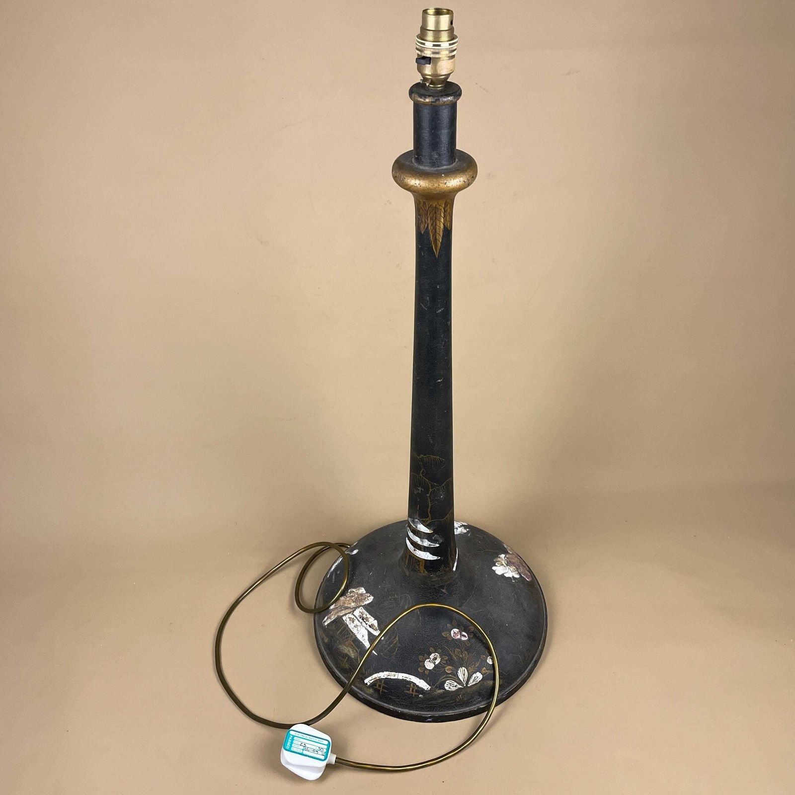 photo buy Antique Oriental Wooden Lamp Light Large Japanese Black Hand Painted Pattern Wood Freestanding Aged Unique Bedside Table 74cm Gold