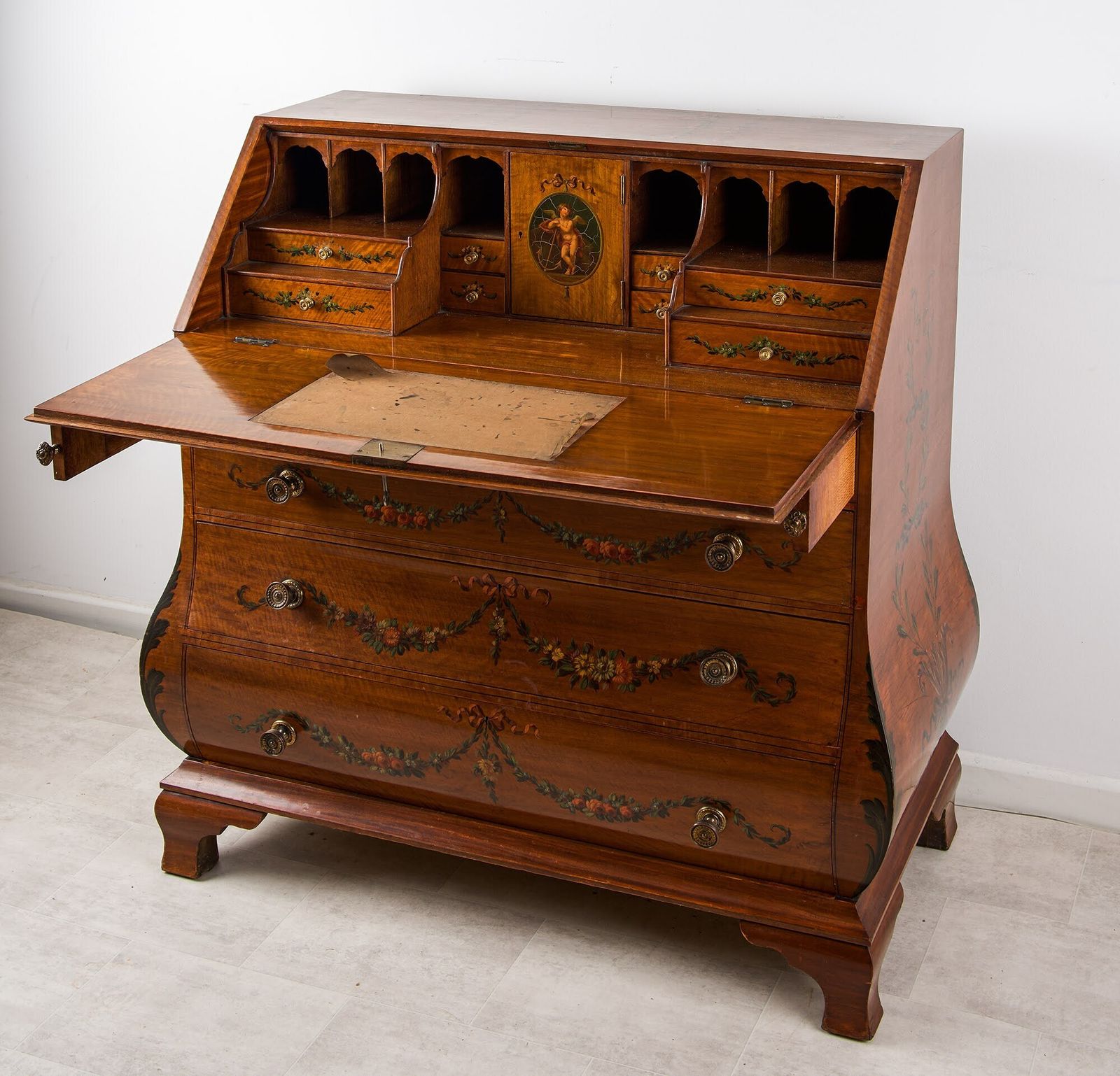Edwardian Satinwood Painted Bureau With Hand Decorated Panels photo Furniture