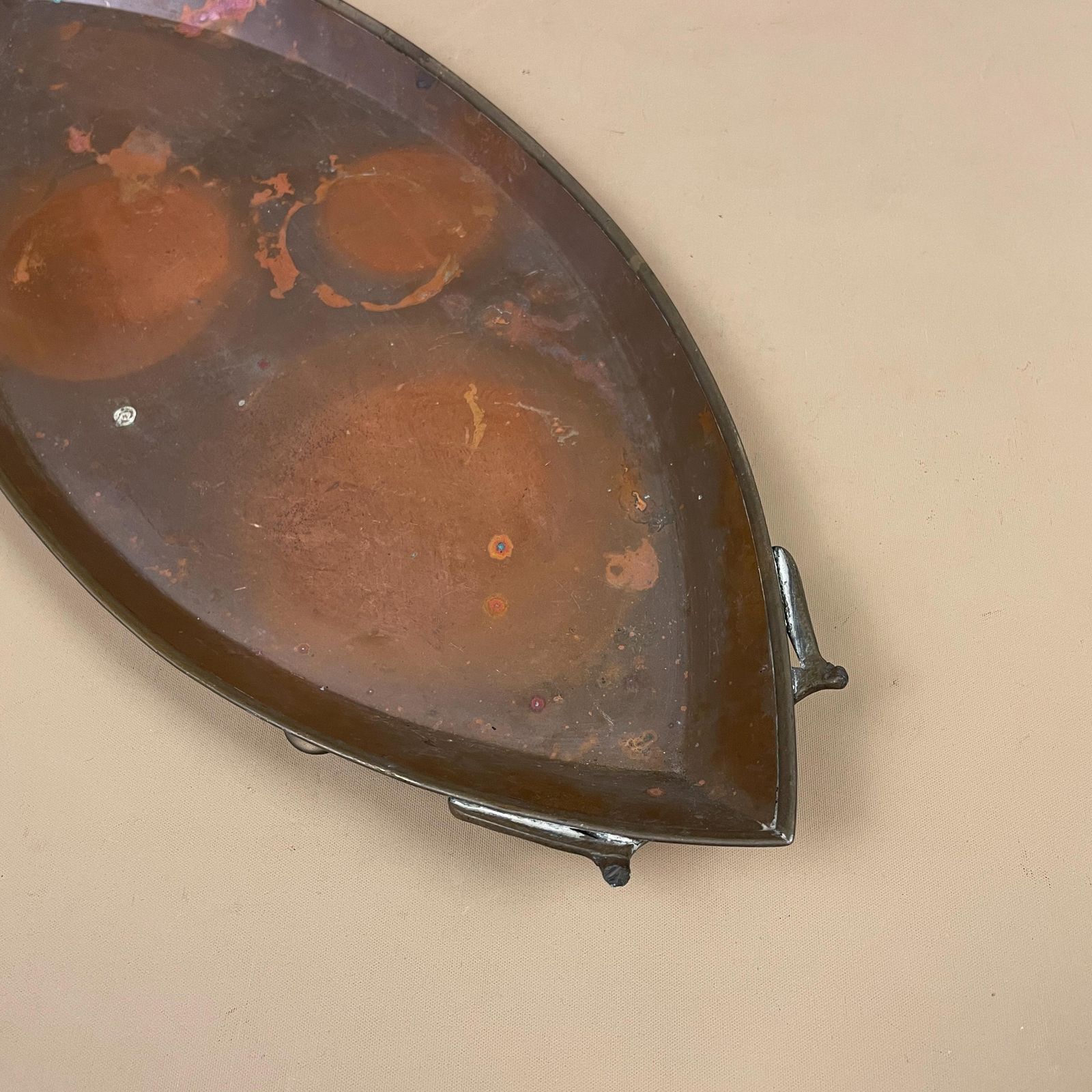 Antique Metal Copper Tray Boat Oval Shape Brass Feet Plate Handmade Art Intricate Vintage Decorative Traditional Serving Display Art Nouveau photo buy