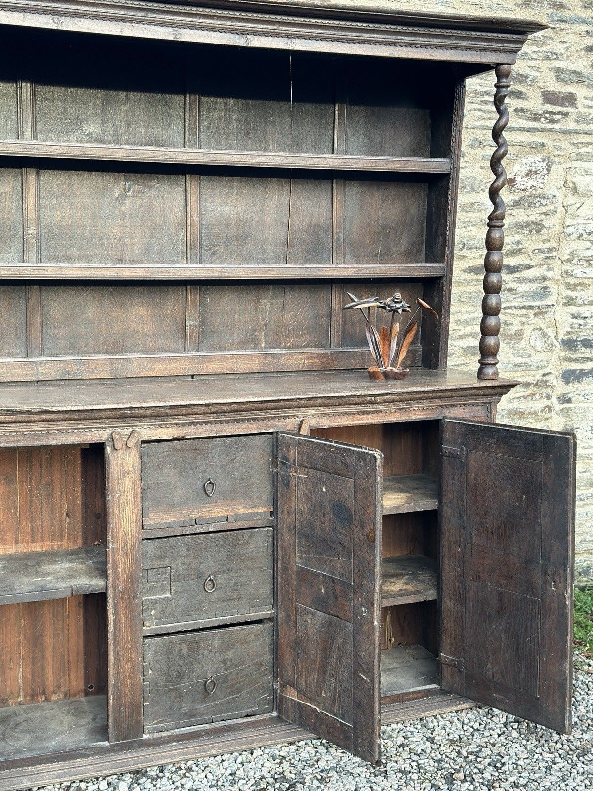 Special Early 17th Century English Oak Dresser With Barley Twist Supports photo for sale