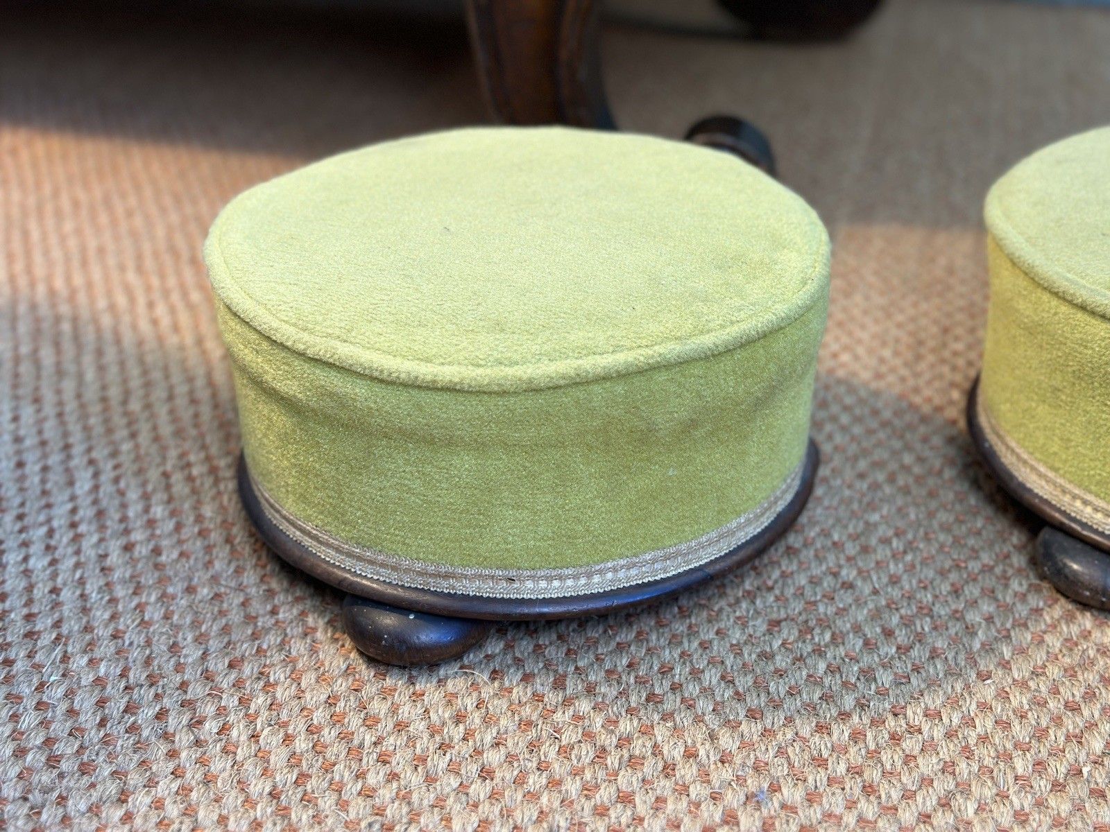 A Pair Of Small Victorian Rosewood Foot Stools Rests Ottoman Pouffe Green Velvet photo vintage