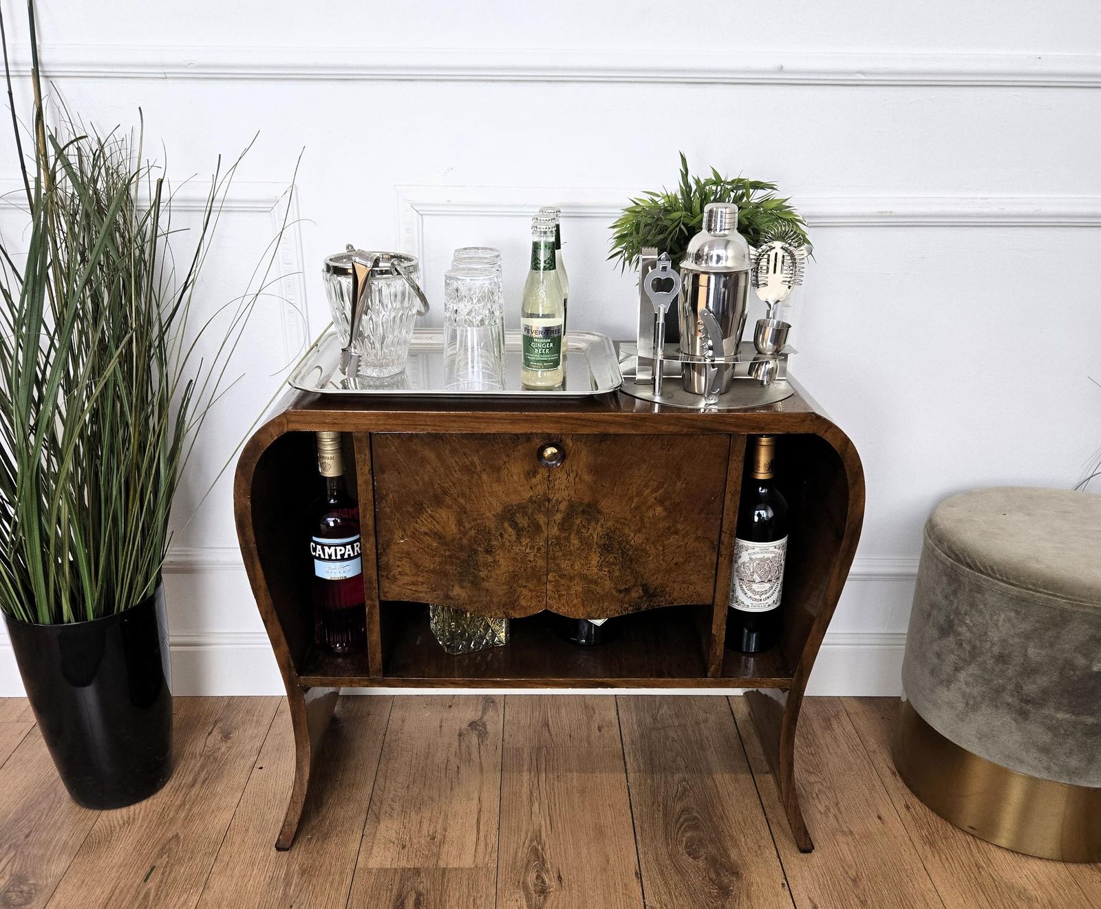 Italian 1940s Art Deco Midcentury Walnut Waterfall Dry Bar Cocktail Cabinet photo 1332.0
