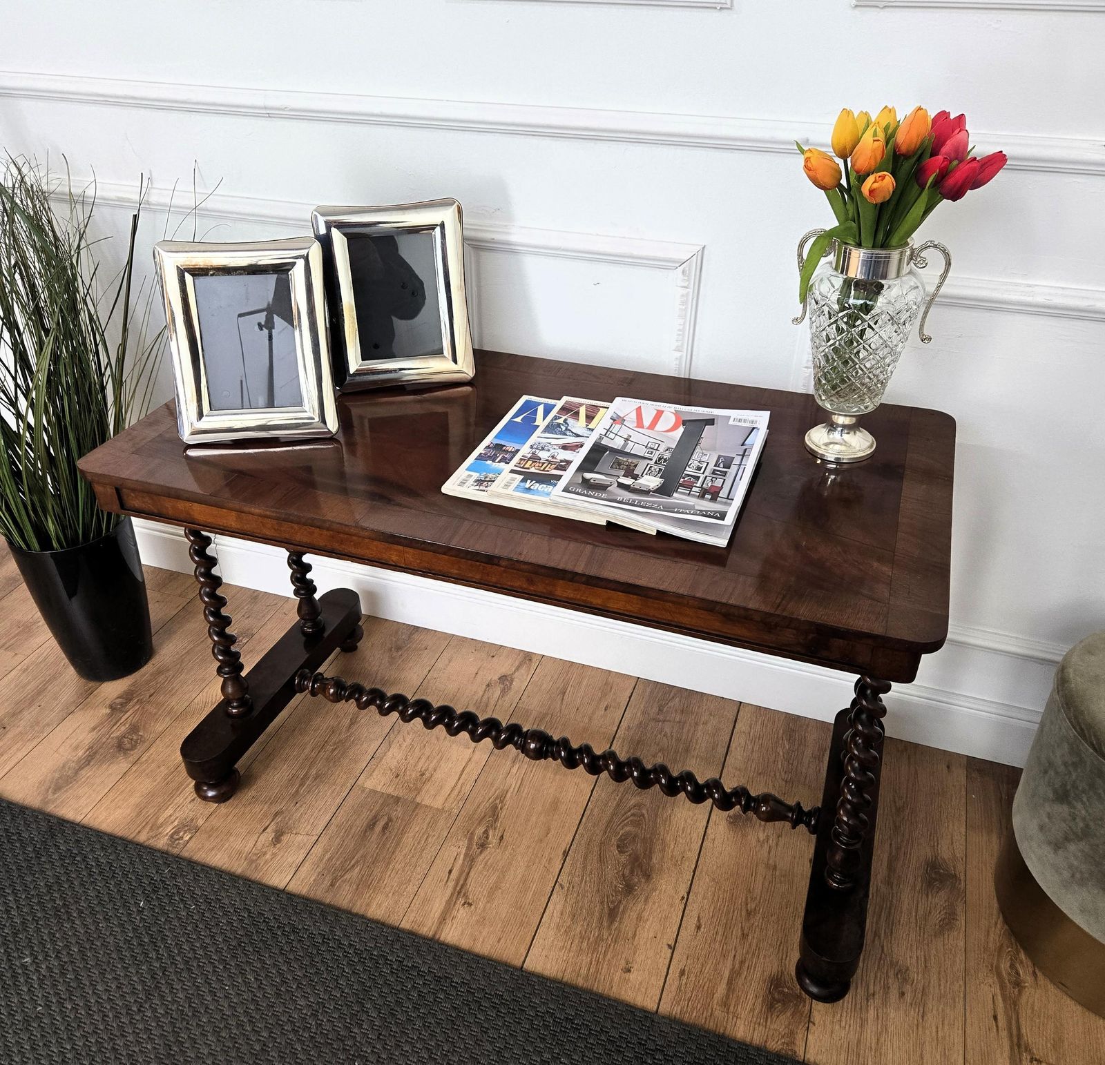 Antique Italian Walnut Burl Inlay Console Side Table With Bobbin Turned Legs photo 1333.0