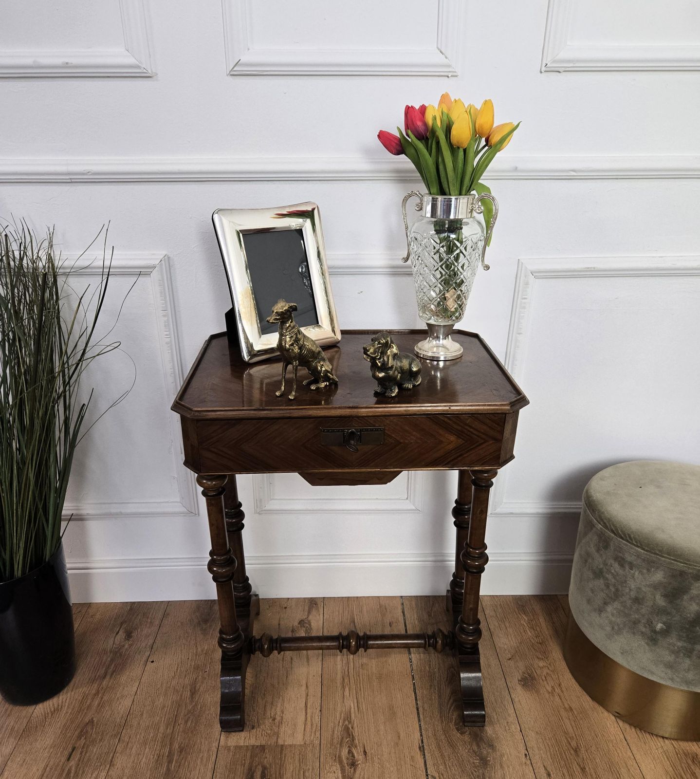 Antique Italian Inlay Veneer Wood Bobbin Barley Twist Legs Sewing Side Table photo for sale