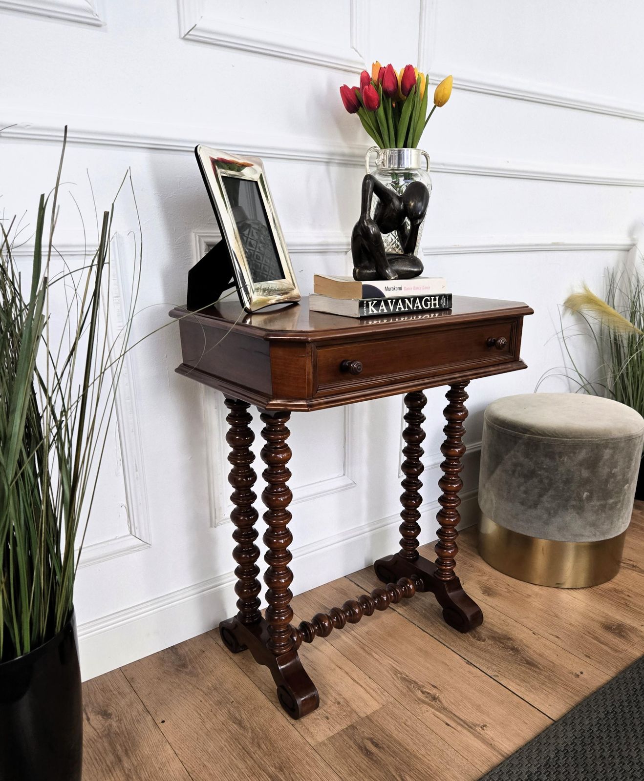 Antique Italian Carved Wood Bobbin Barley Twist Legs Sewing Table Side Table photo Furniture