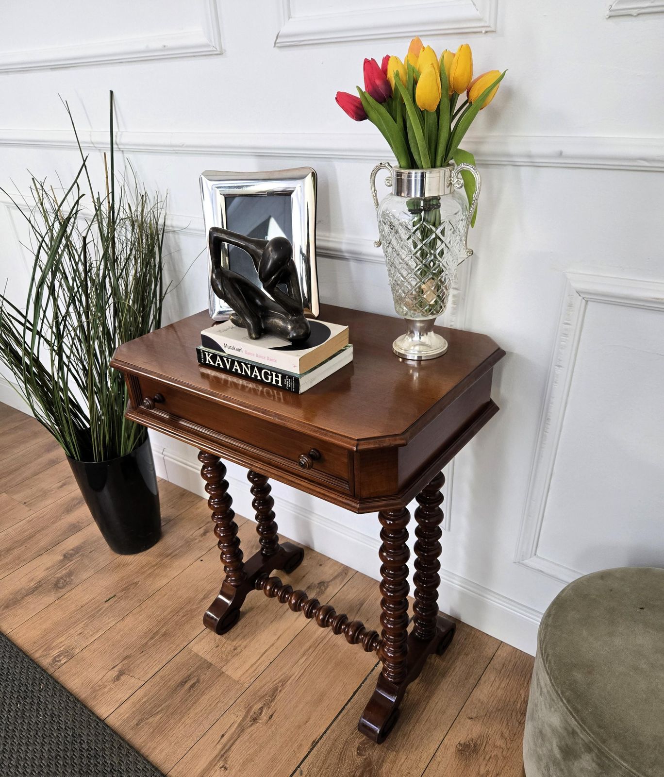 Antique Italian Carved Wood Bobbin Barley Twist Legs Sewing Table Side Table photo 1066.0