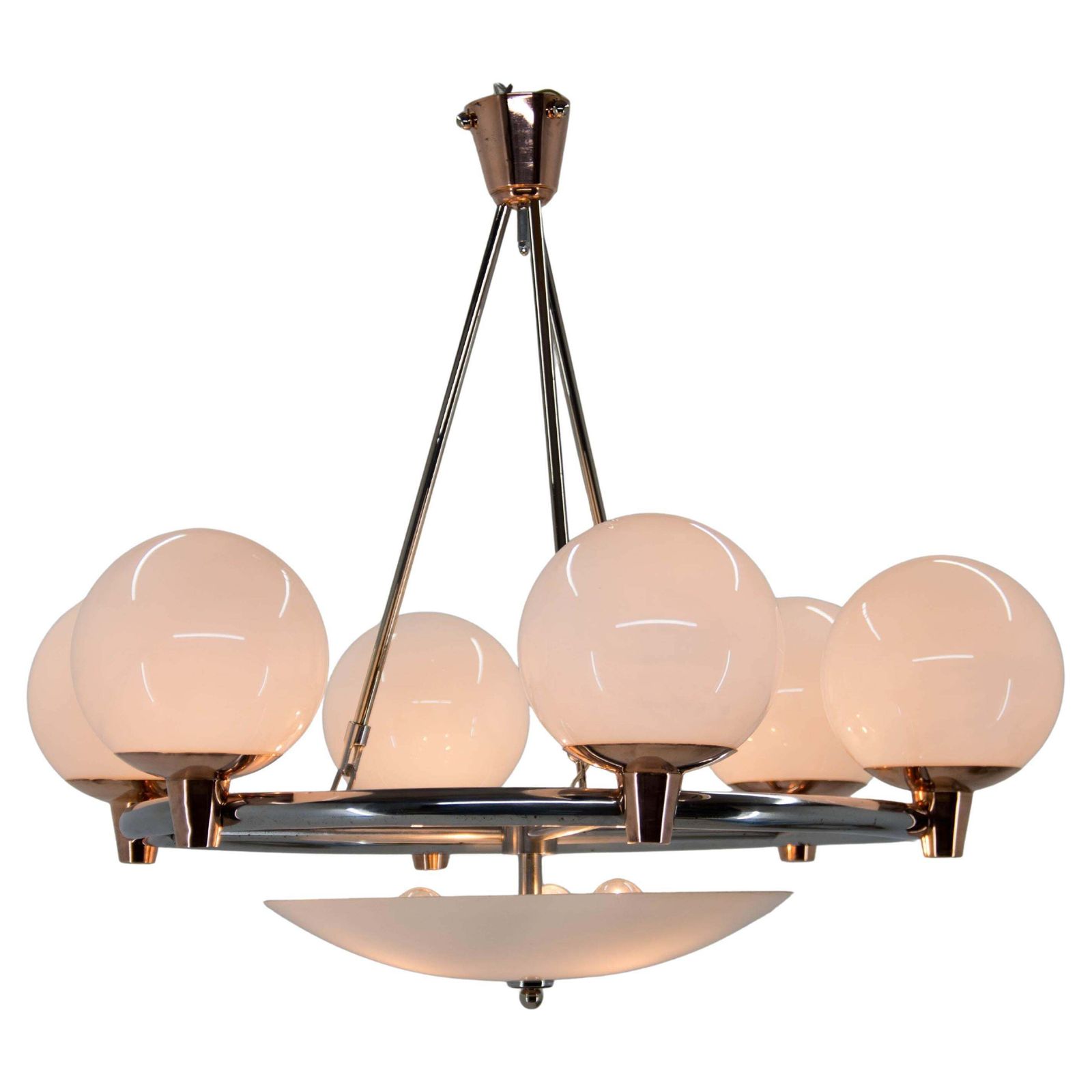 1930s Art Deco Chandelier: Chrome, Copper & Opaline Glass From Czech