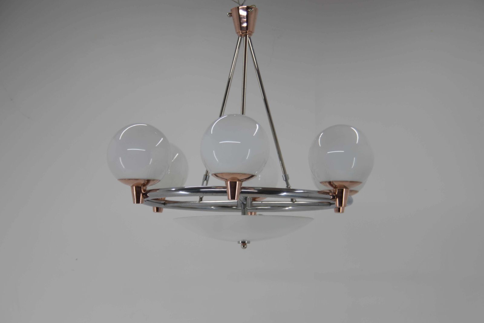 1930s Art Deco Chandelier: Chrome, Copper & Opaline Glass From Czech photo Lighting