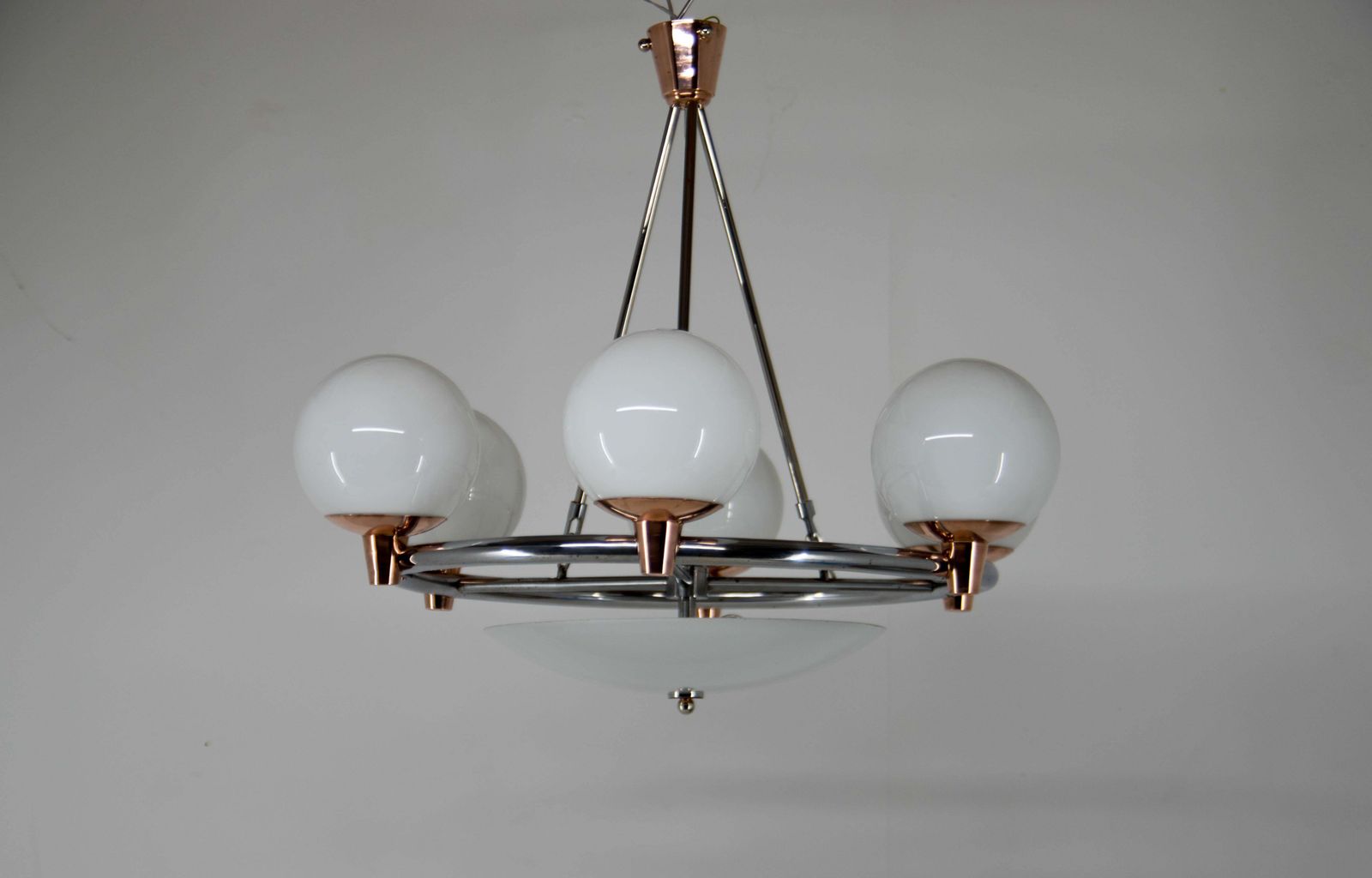1930s Art Deco Chandelier: Chrome, Copper & Opaline Glass From Czech photo 2540.0