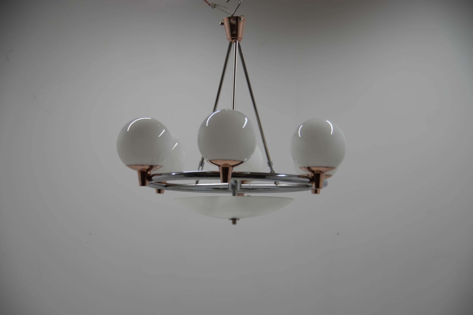 1930s Art Deco Chandelier: Chrome, Copper & Opaline Glass From Czech photo vinterior