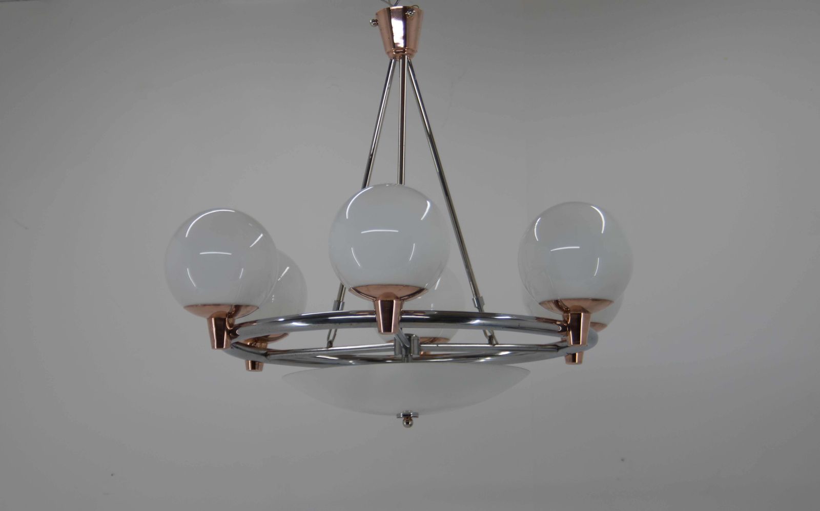1930s Art Deco Chandelier: Chrome, Copper & Opaline Glass From Czech photo buy