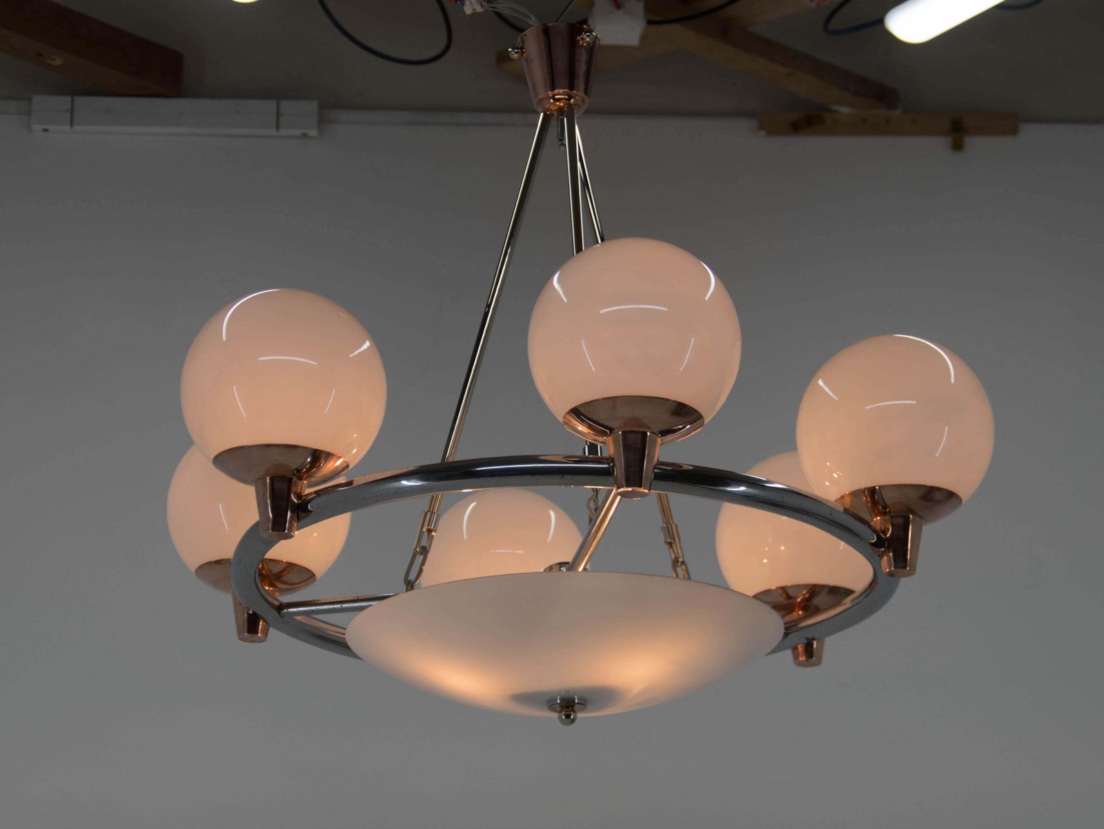 Lighting 1930s Art Deco Chandelier: Chrome, Copper & Opaline Glass From Czech photo