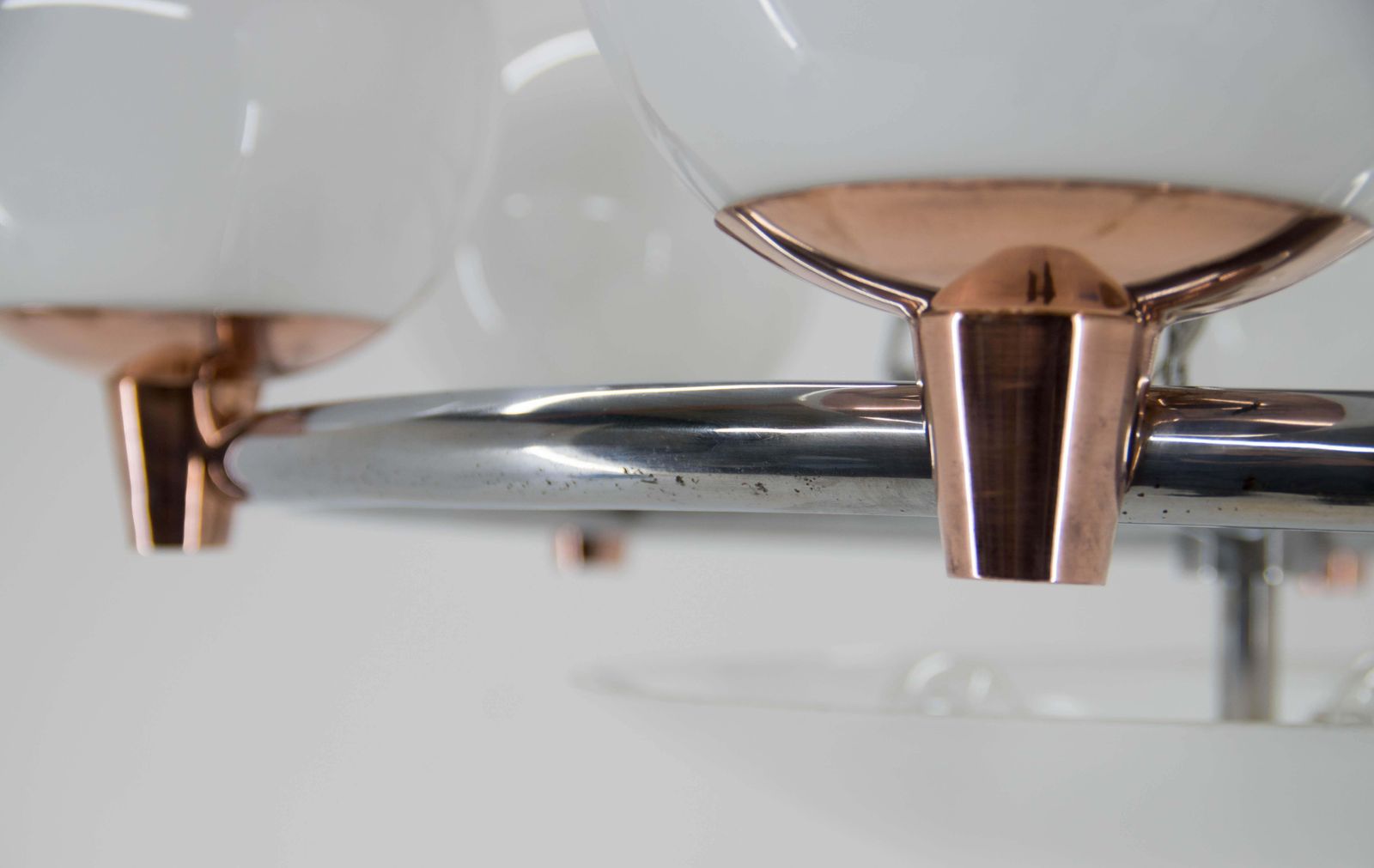 photo vintage 1930s Art Deco Chandelier: Chrome, Copper & Opaline Glass From Czech