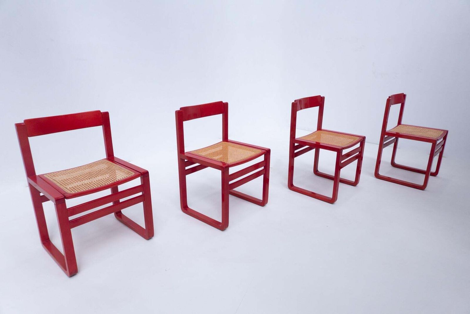 Mid Century Modern Set Of 4 Red Armchairs, Wood, Italy, 1960s photo buy