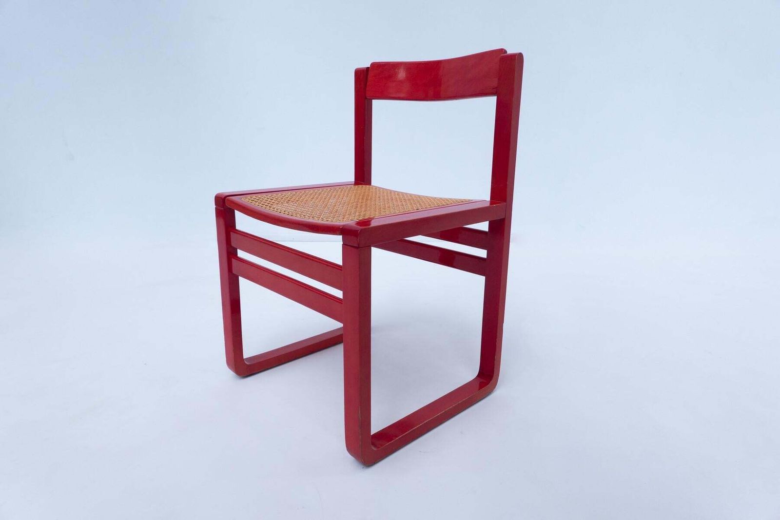 photo furniture Mid Century Modern Set Of 4 Red Armchairs, Wood, Italy, 1960s