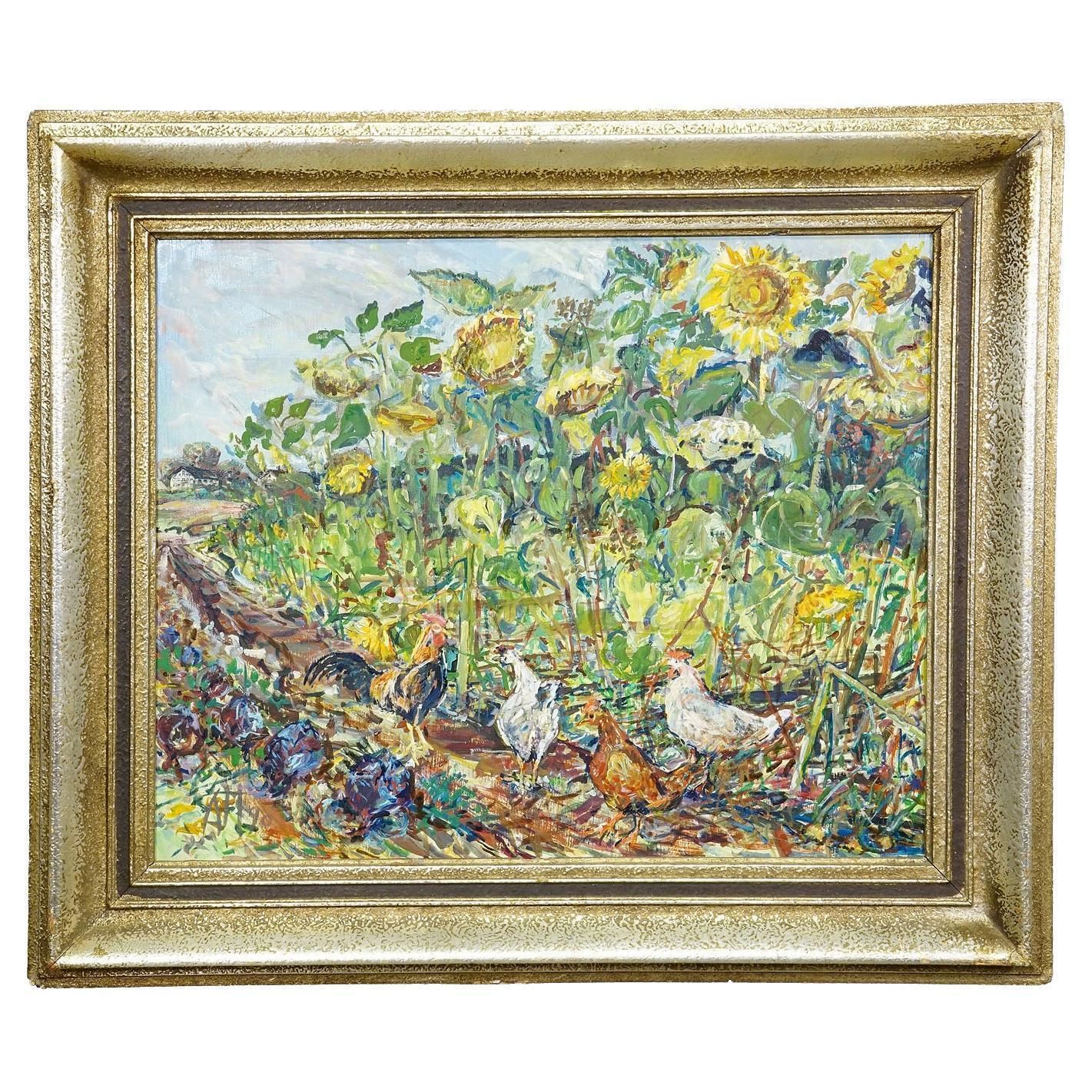Sunflower Field With Chickens – Original Oil Painting By Alexander Michael, 1990