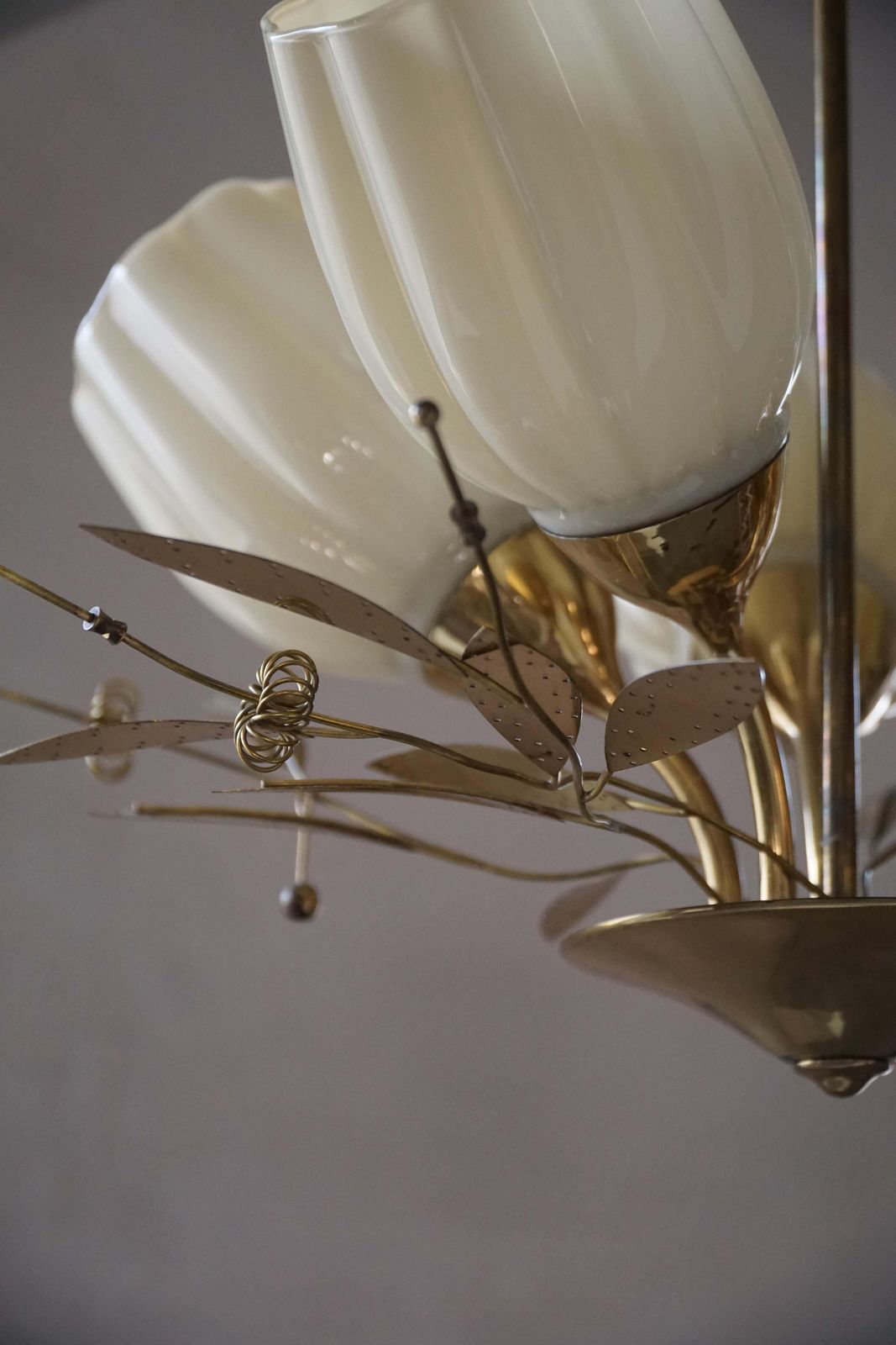 photo for sale Mid Century Modern, Five Light Ceiling Lamp, Opaline Glass Shades, Itsu, Finland