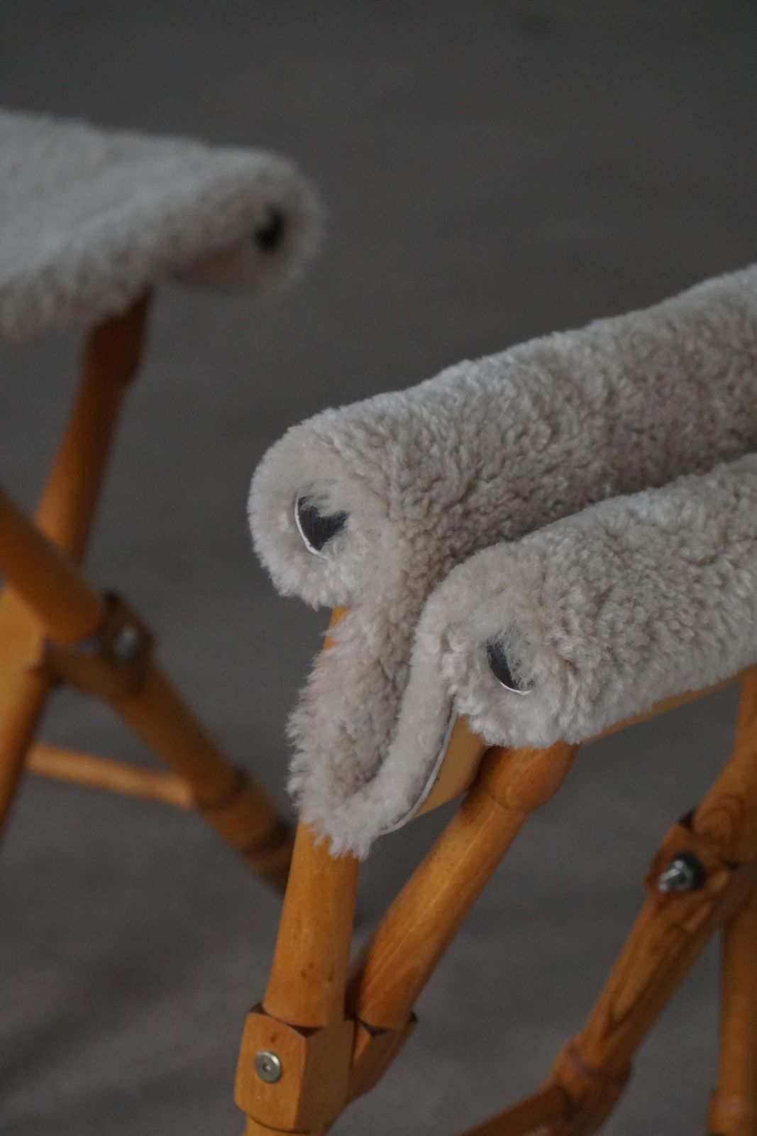Pair Of Danish Mid Century Modern Folding Stools With Sheepskin Upholstery, 1960 photo buy