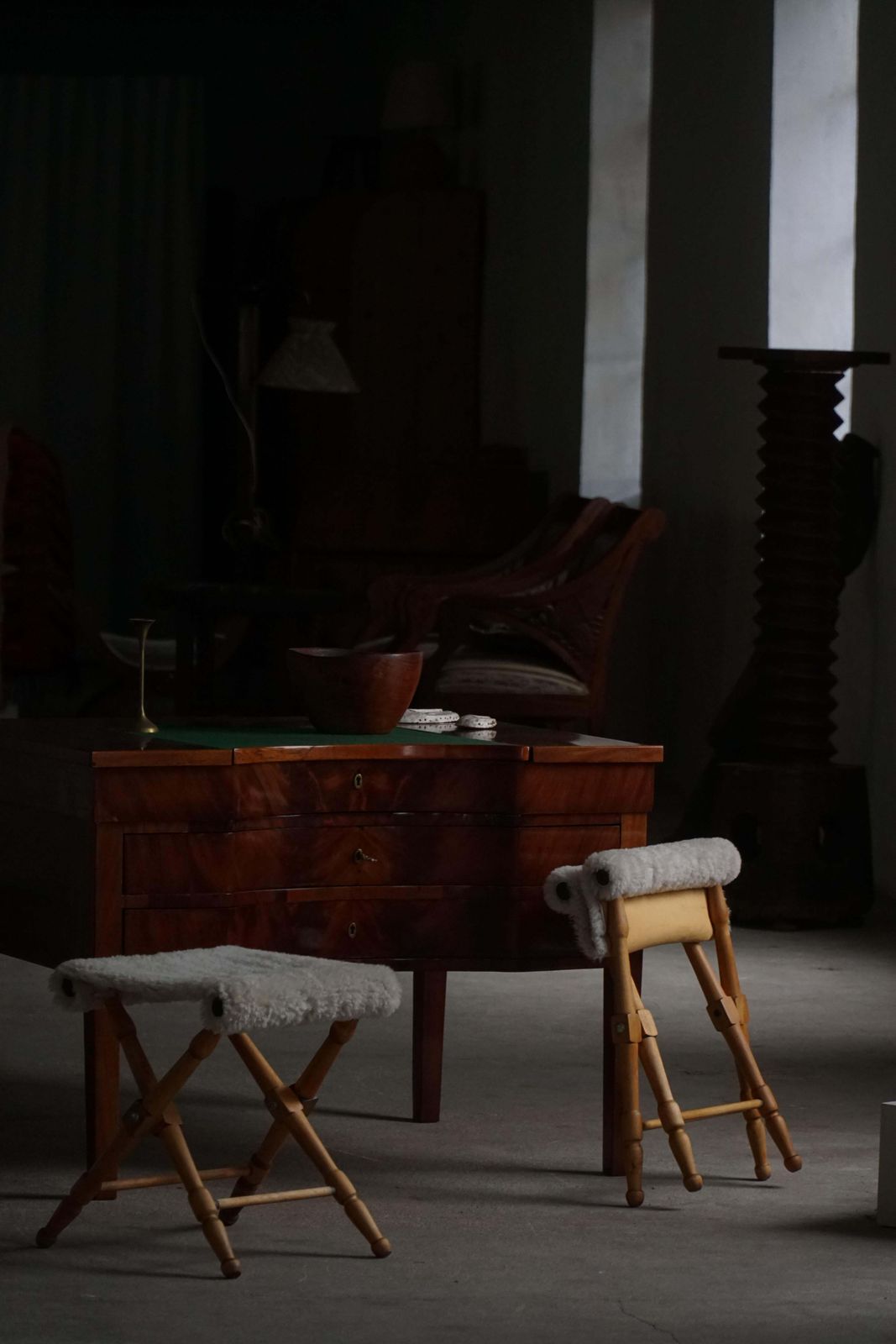 photo furniture Pair Of Danish Mid Century Modern Folding Stools With Sheepskin Upholstery, 1960