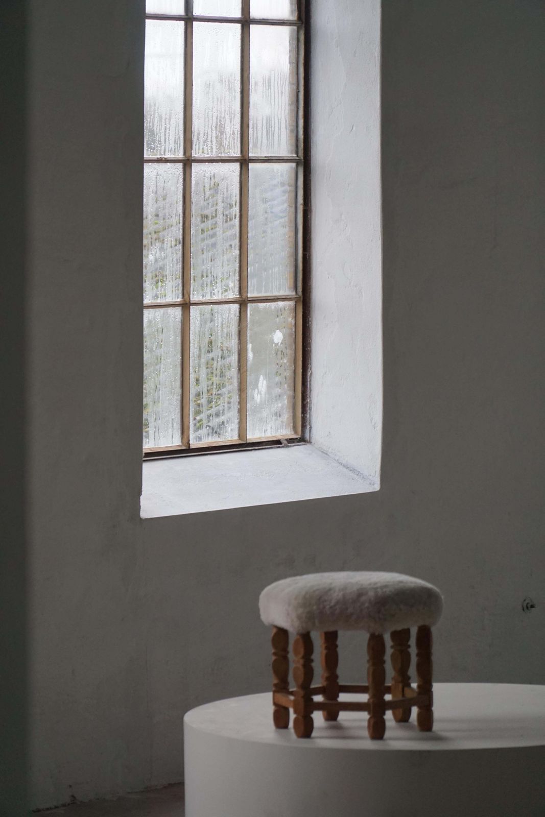 Mid Century Danish Hexagonal Oak Stool With Shearling Lambswool Upholstery, 1950 photo Furniture