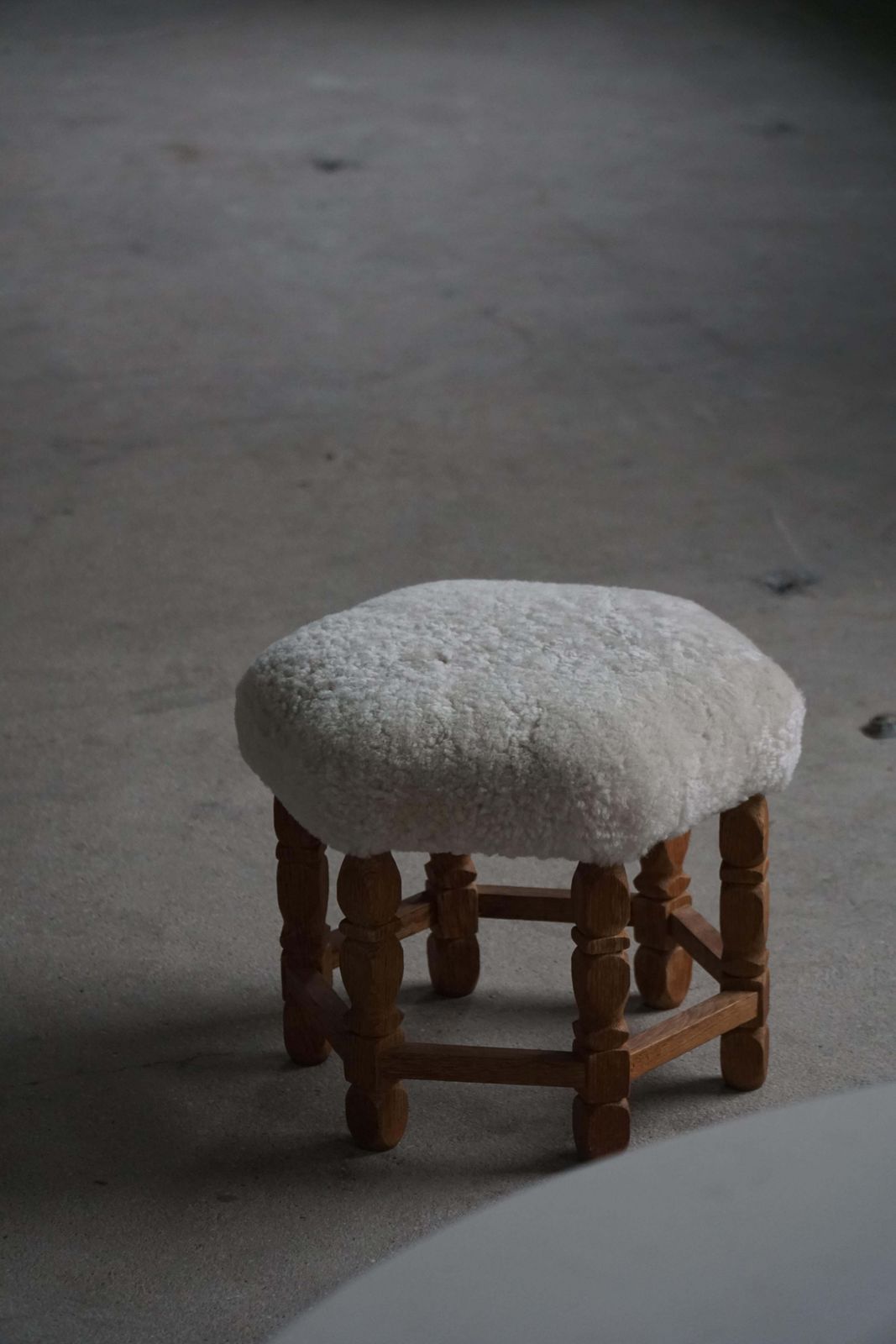photo for sale Mid Century Danish Hexagonal Oak Stool With Shearling Lambswool Upholstery, 1950