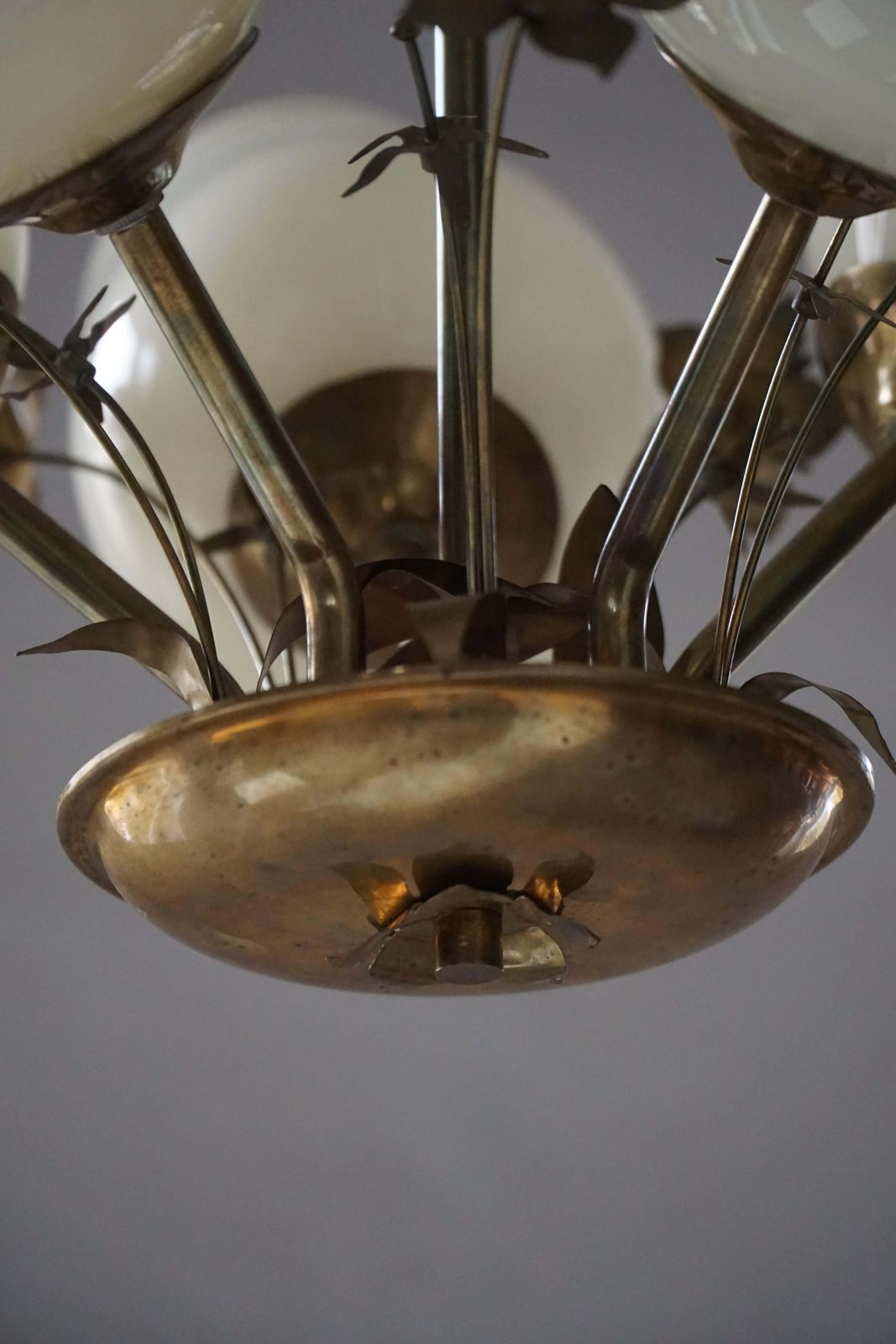 photo for sale 5 Arm Chandelier In Brass & Glass By Paavo Tynell For Idman Oy Finland, 1940s