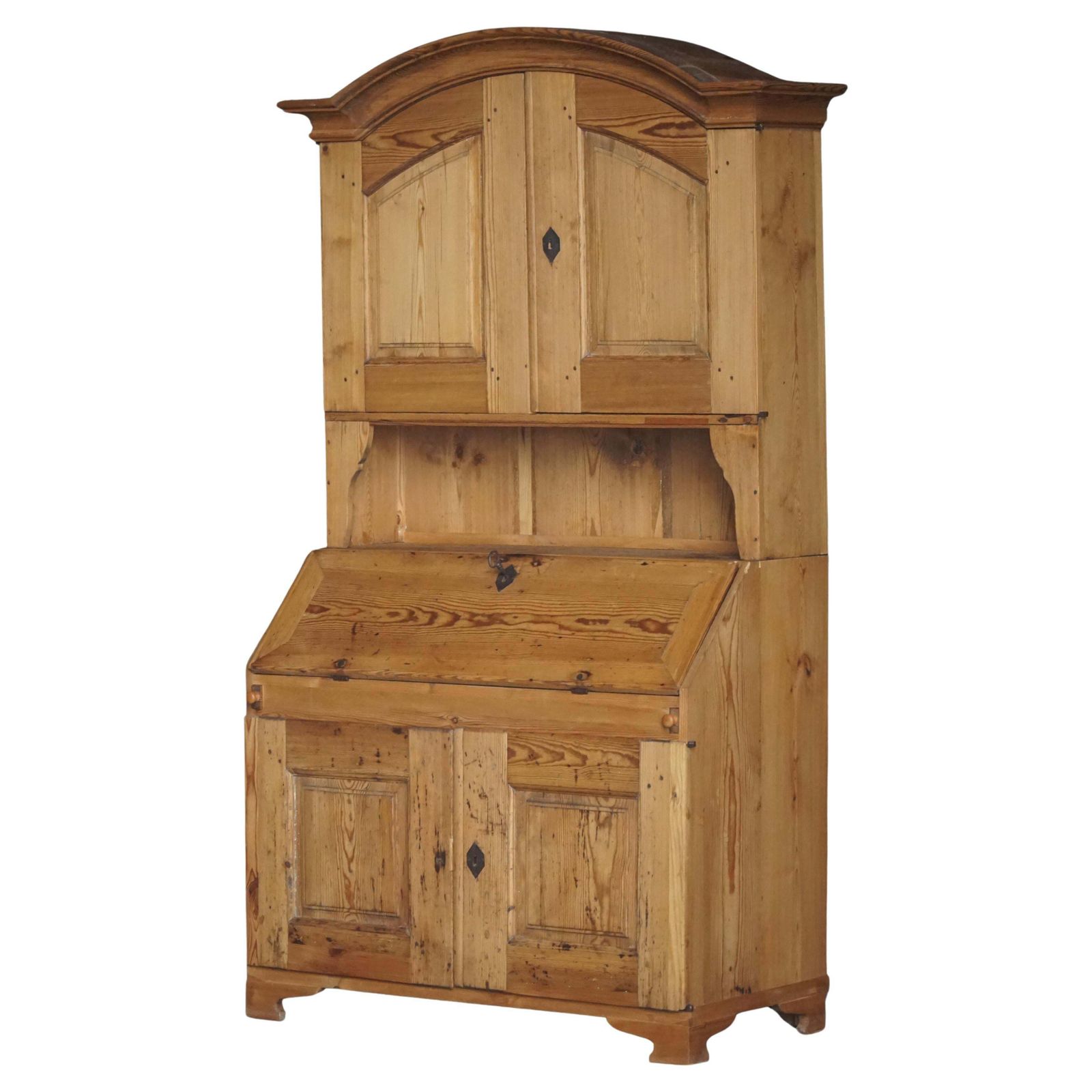 Antique Danish Pine Drop Front Secretary With Upper Cabinet, Mid 19th Century