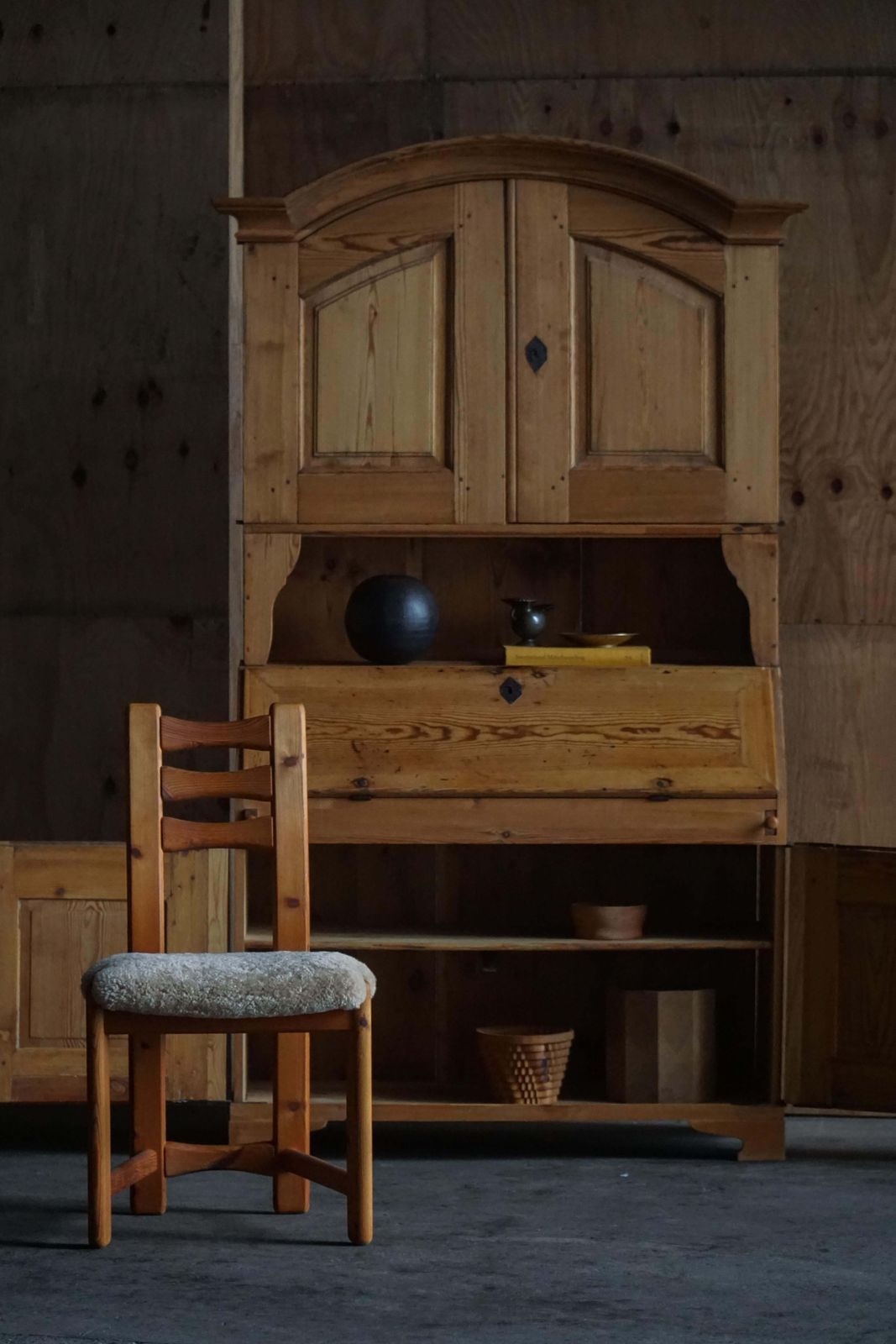 Furniture Antique Danish Pine Drop Front Secretary With Upper Cabinet, Mid 19th Century photo