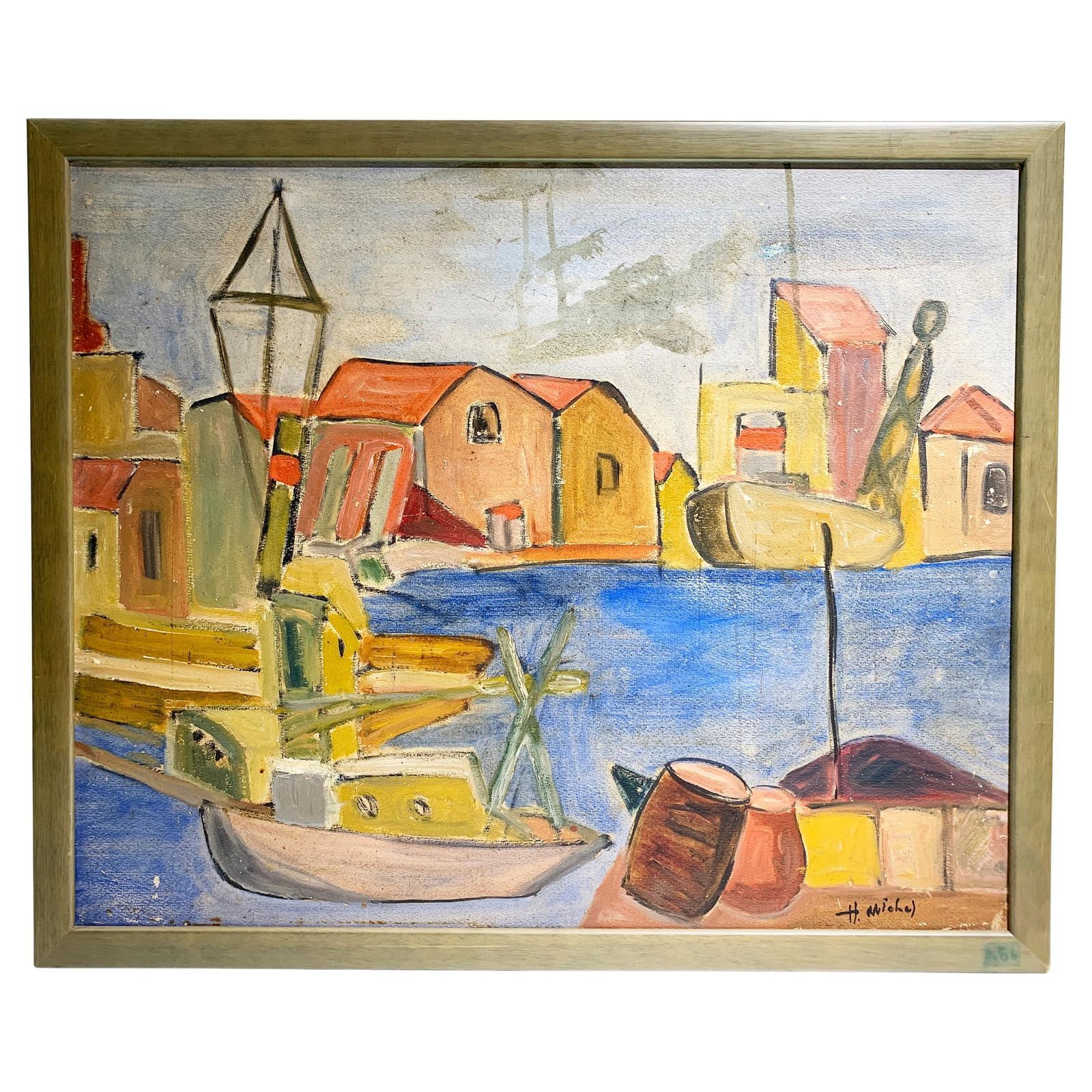Mid Century French School Impressionist Harbor Scene Painting Signed "H. Michel"