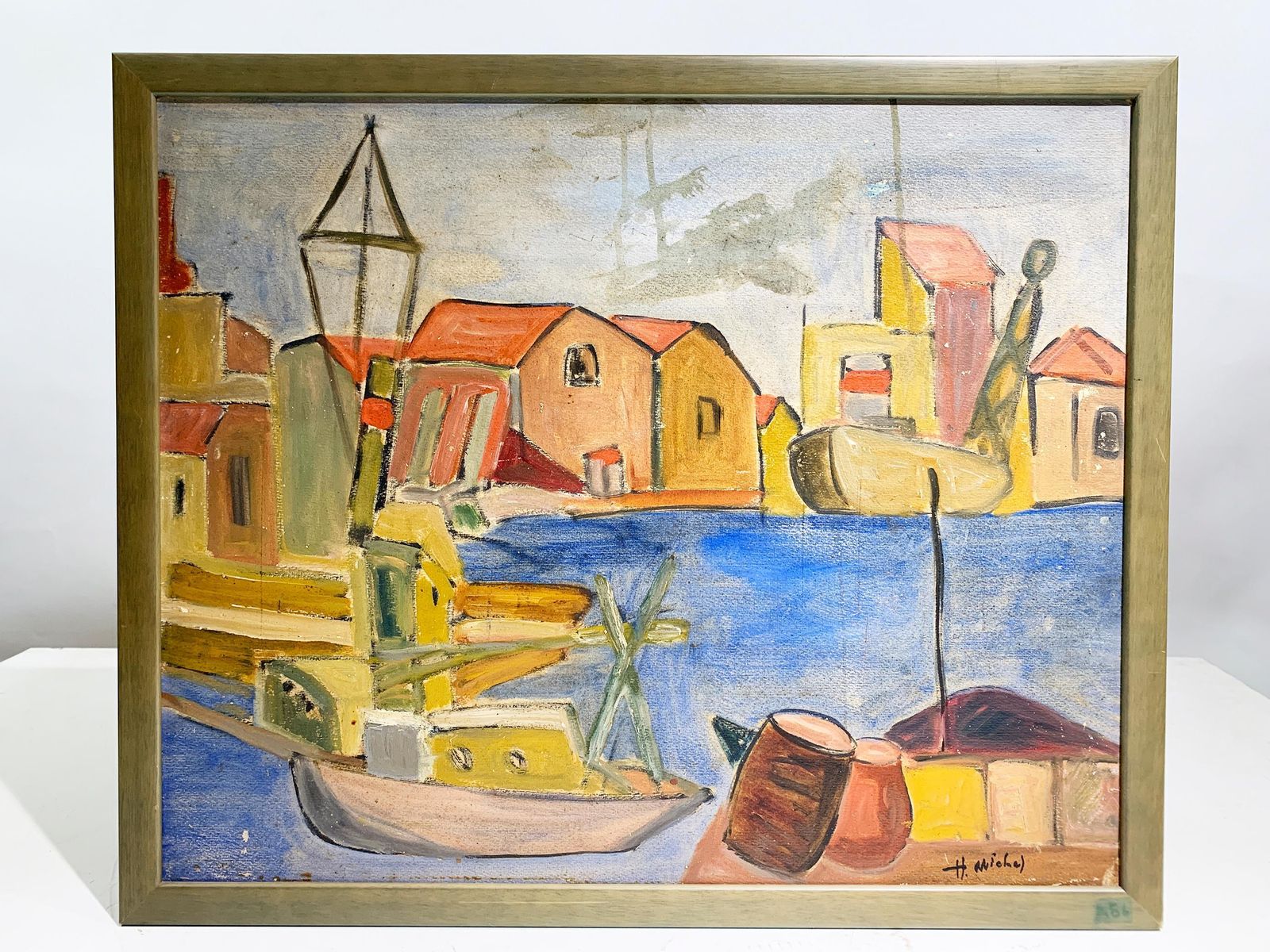 Mid Century French School Impressionist Harbor Scene Painting Signed "H. Michel" photo furniture