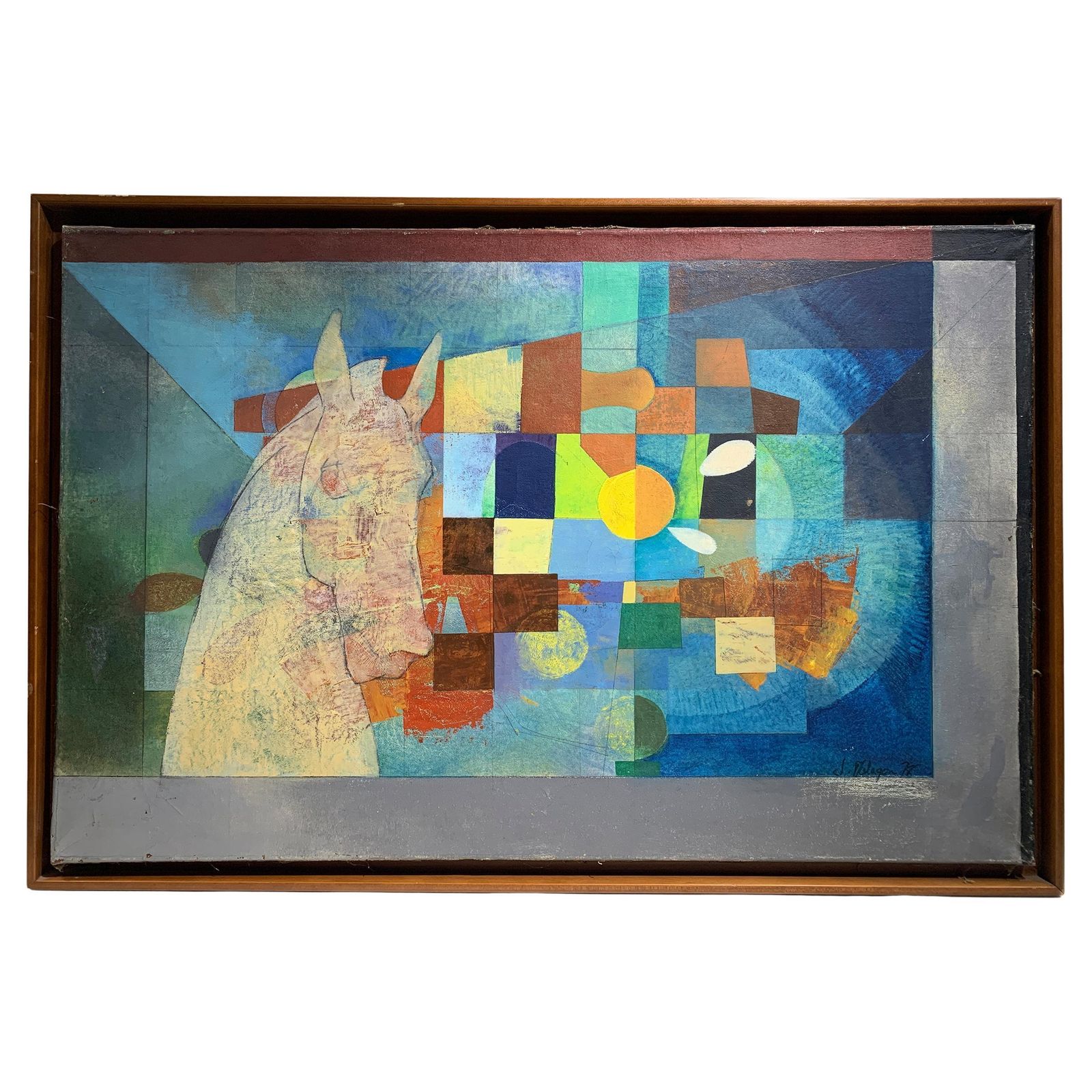 Late Mid Century Geometric Abstraction Painting Of A Horse Signed "J. Vilagon"