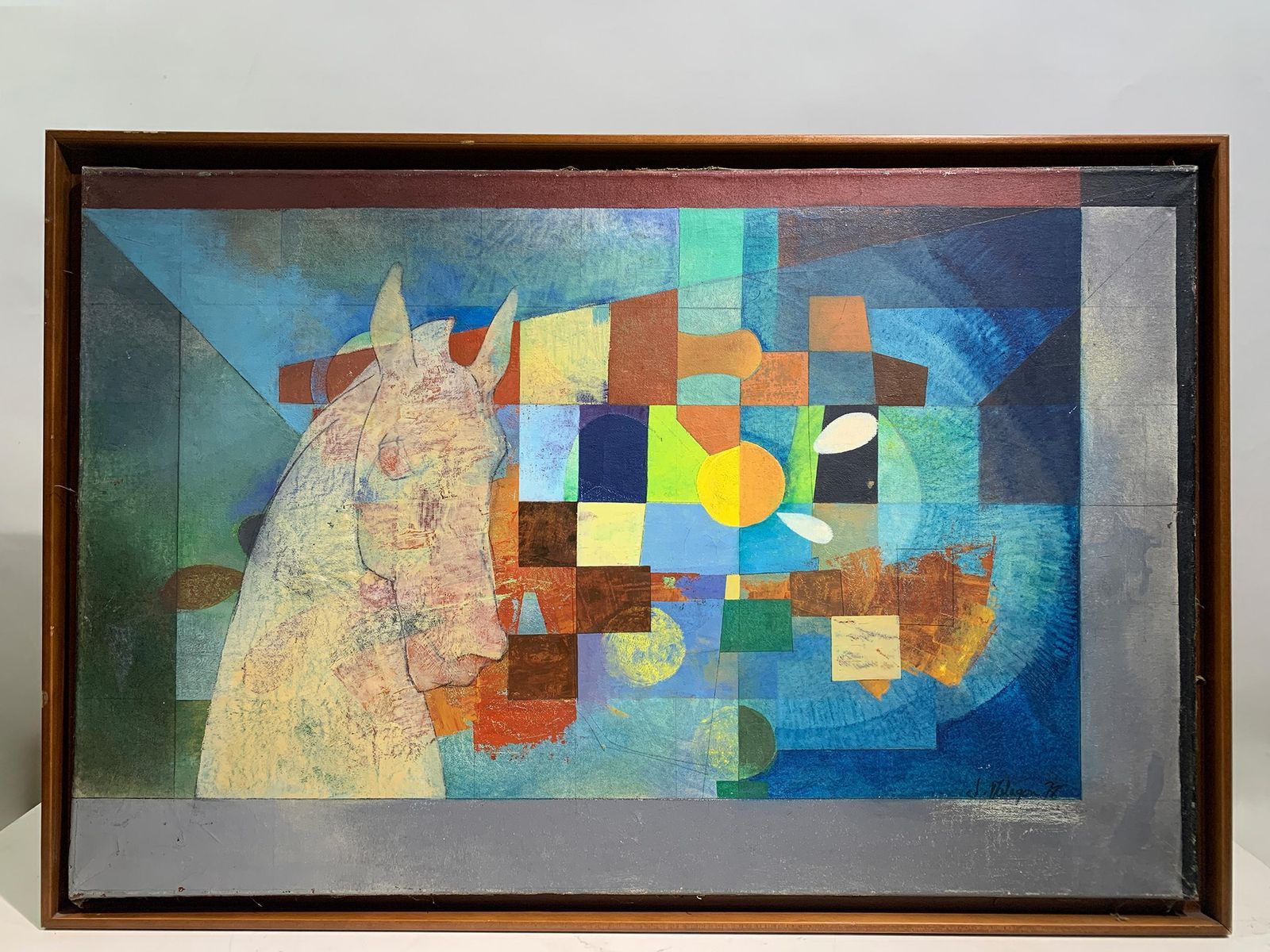 Late Mid Century Geometric Abstraction Painting Of A Horse Signed "J. Vilagon" photo furniture