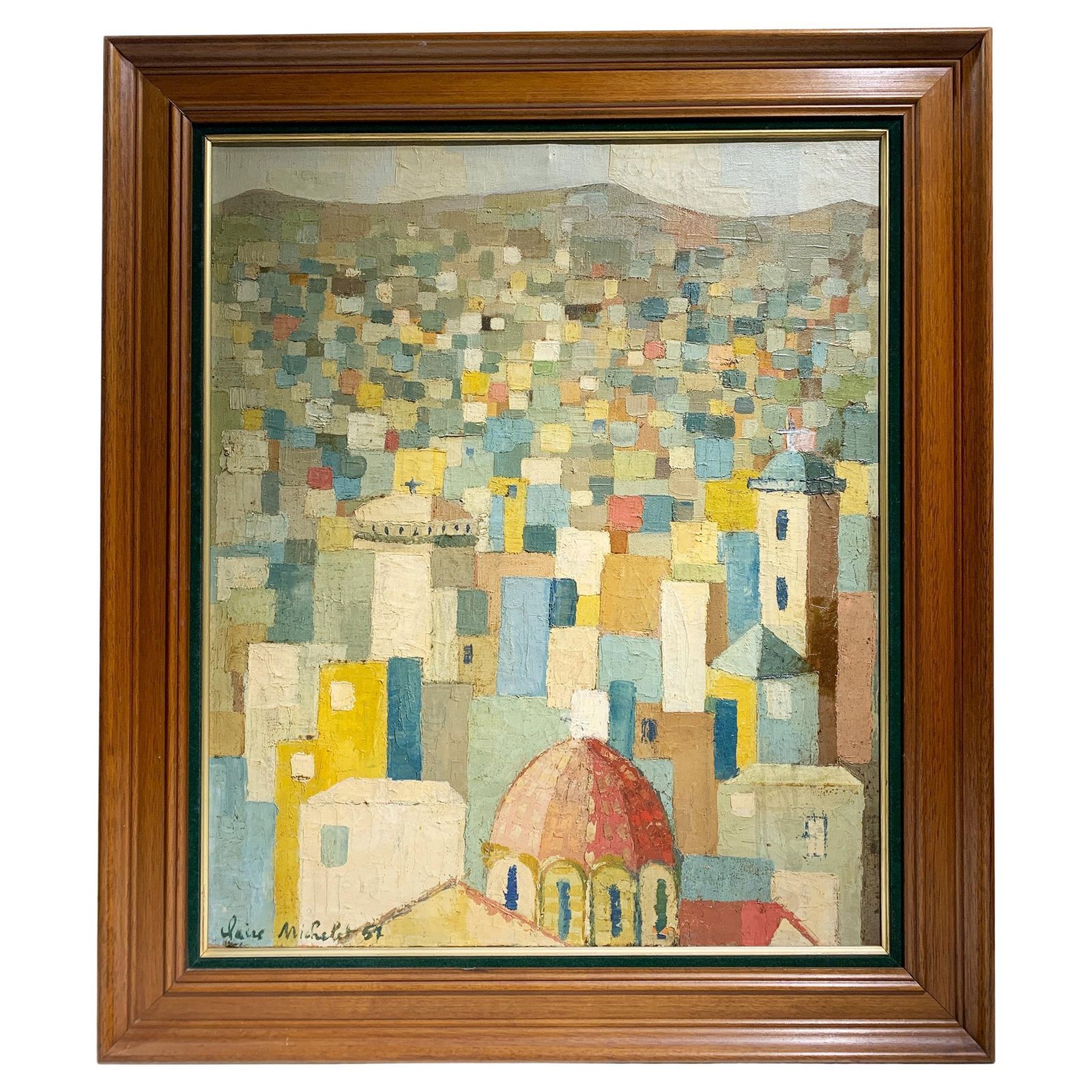 Mid Century Modern Landscape Of A Mediterranean Hillside City Painting, Signed