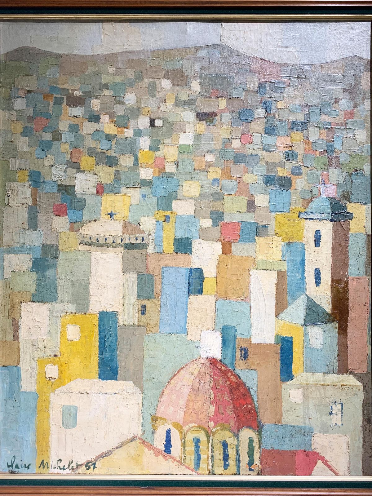 Mid Century Modern Landscape Of A Mediterranean Hillside City Painting, Signed photo for sale