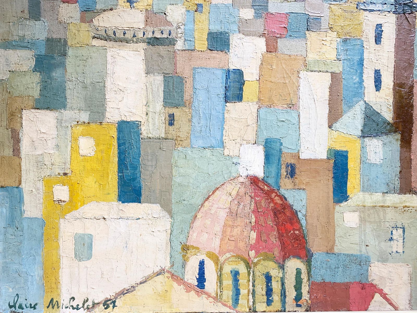 Mid Century Modern Landscape Of A Mediterranean Hillside City Painting, Signed photo vintage