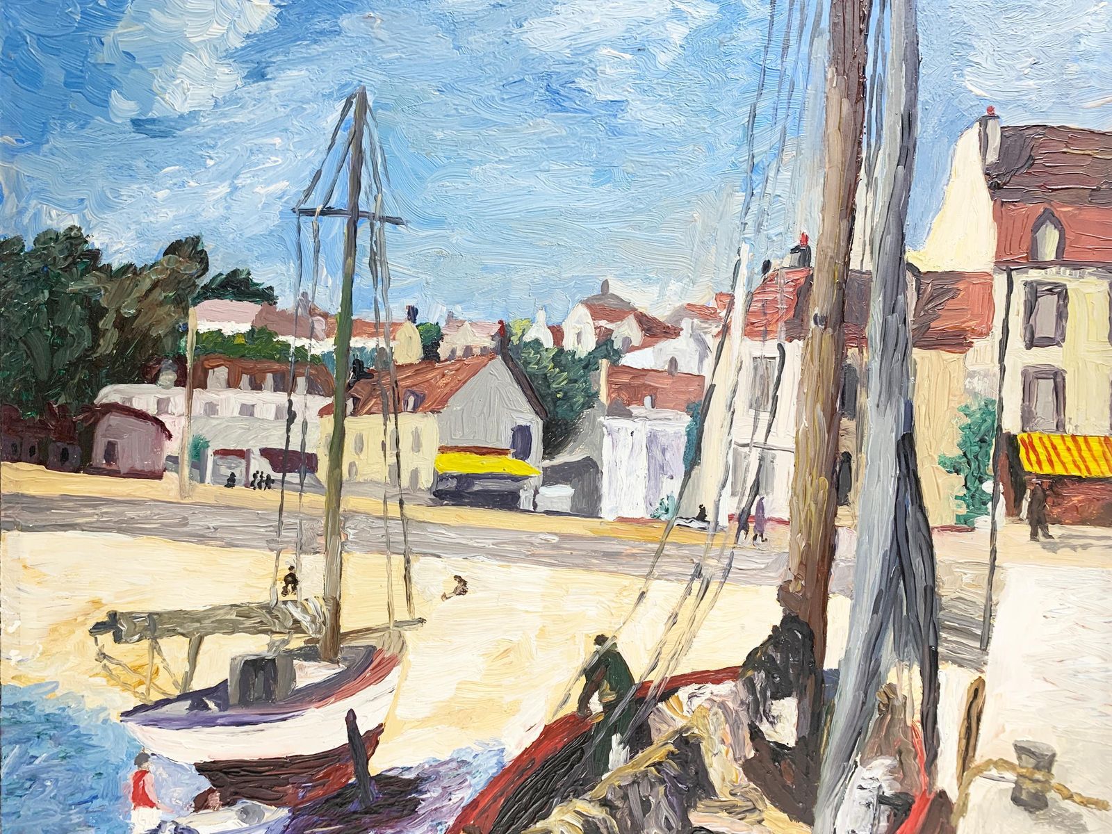 Mid 20th Century French Impressionist Style Harbor Scene Painting, Signed photo buy