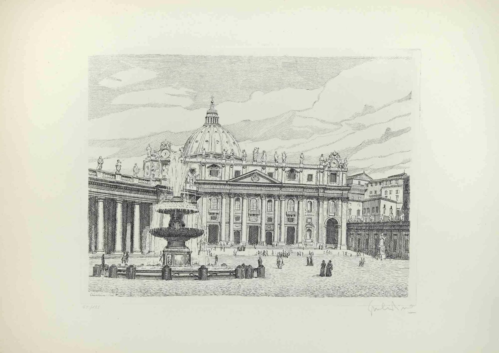 Giuseppe Malandrinoview Of Saint Peter's Square   Etching By Giuseppe Malandrino   1970s1970s