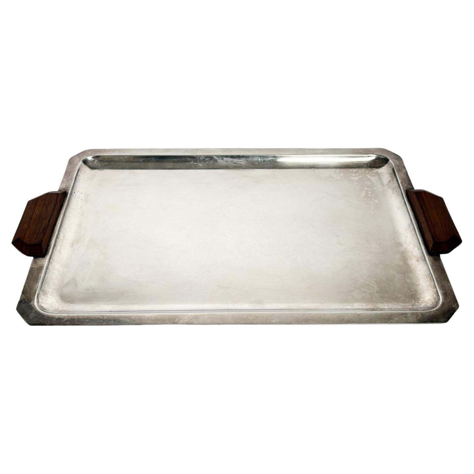 Art Deco Silver Plated Metal And Wood Tray, France, 1910