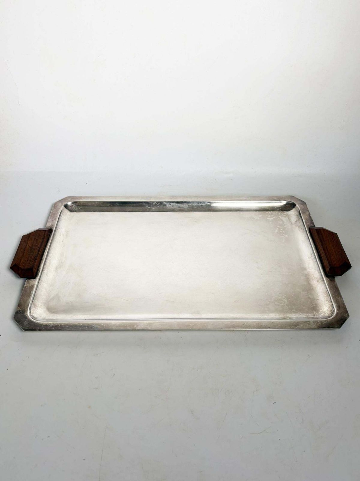 Art Deco Silver Plated Metal And Wood Tray, France, 1910 photo for sale