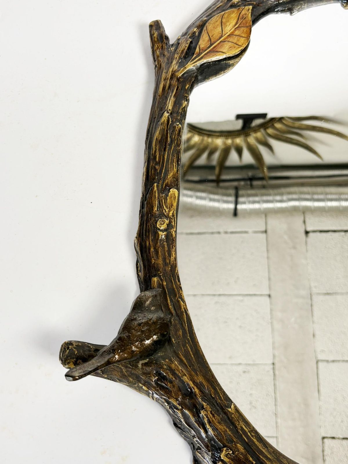 photo furniture Decorative Mirror With Wooden Branches And Birds, Antique Patina, France, 1970